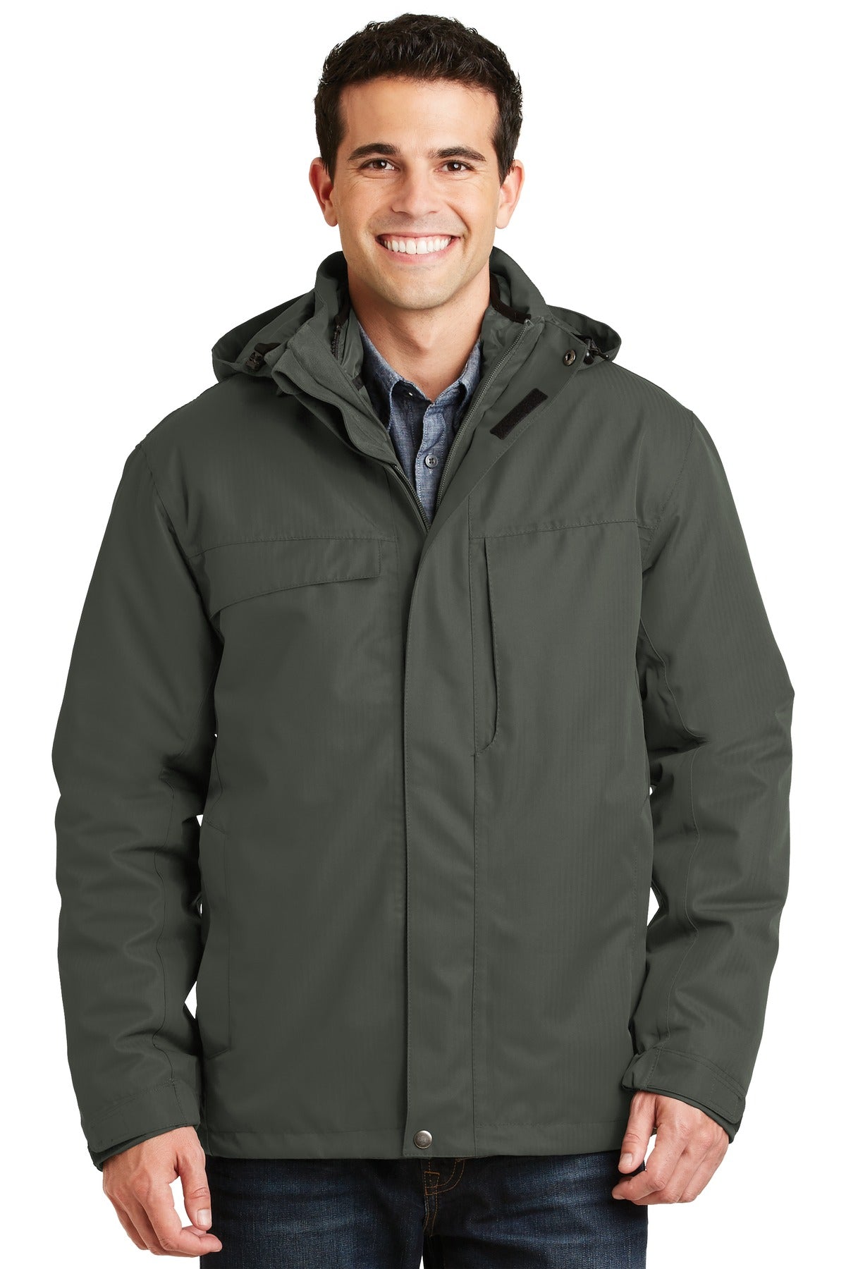 Front View of Spruce Green Port Authority Herringbone 3-in-1 Parka. J302