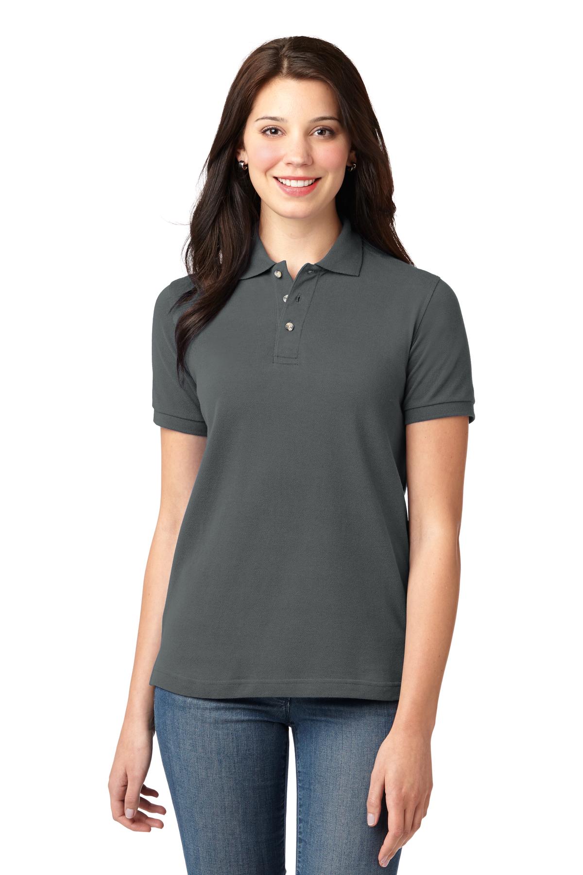 Front View of Steel Grey Port Authority Women's Heavyweight Cotton Pique Polo. L420