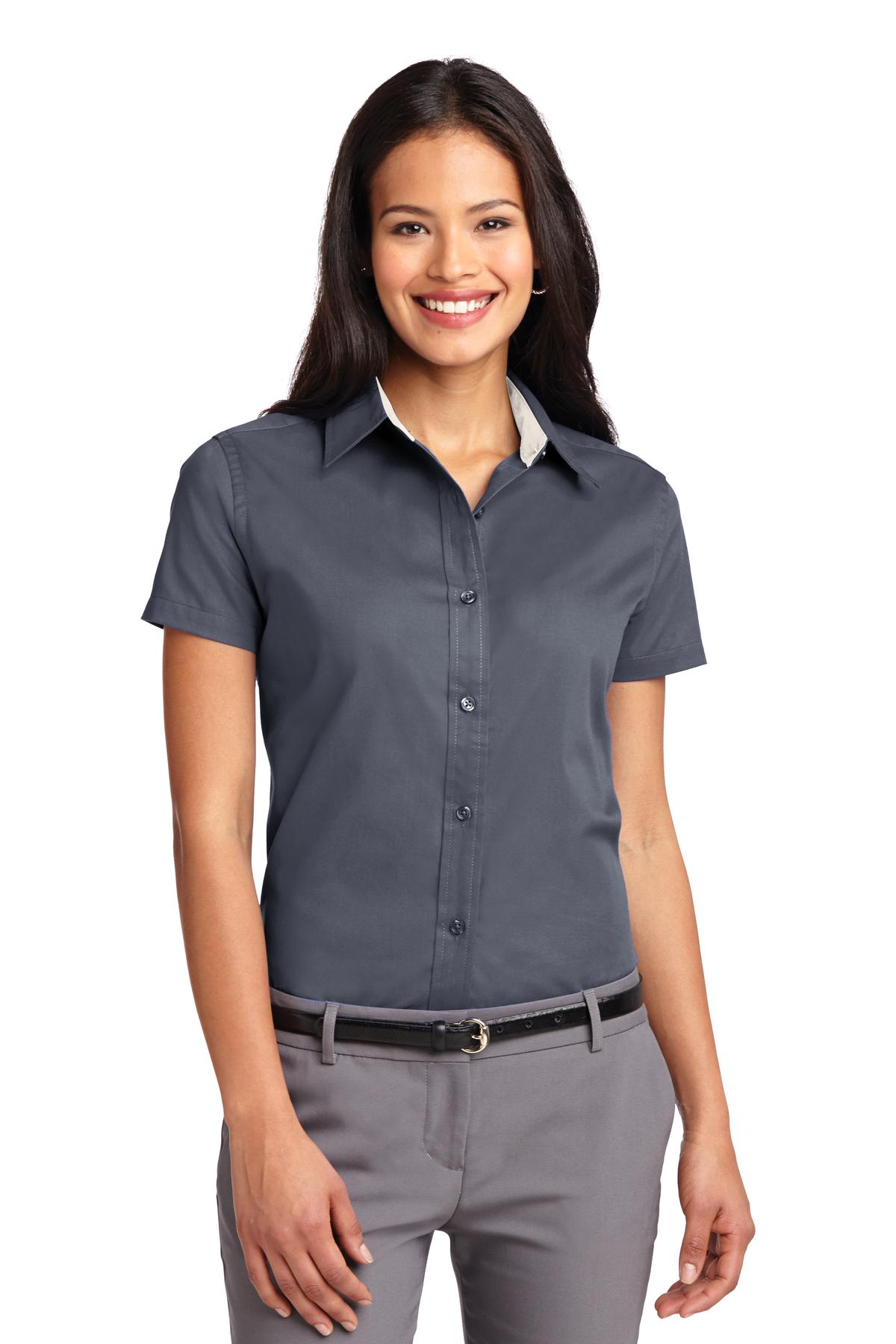 Front View of Steel Grey Port Authority Women's Short Sleeve Easy Care Shirt. L508