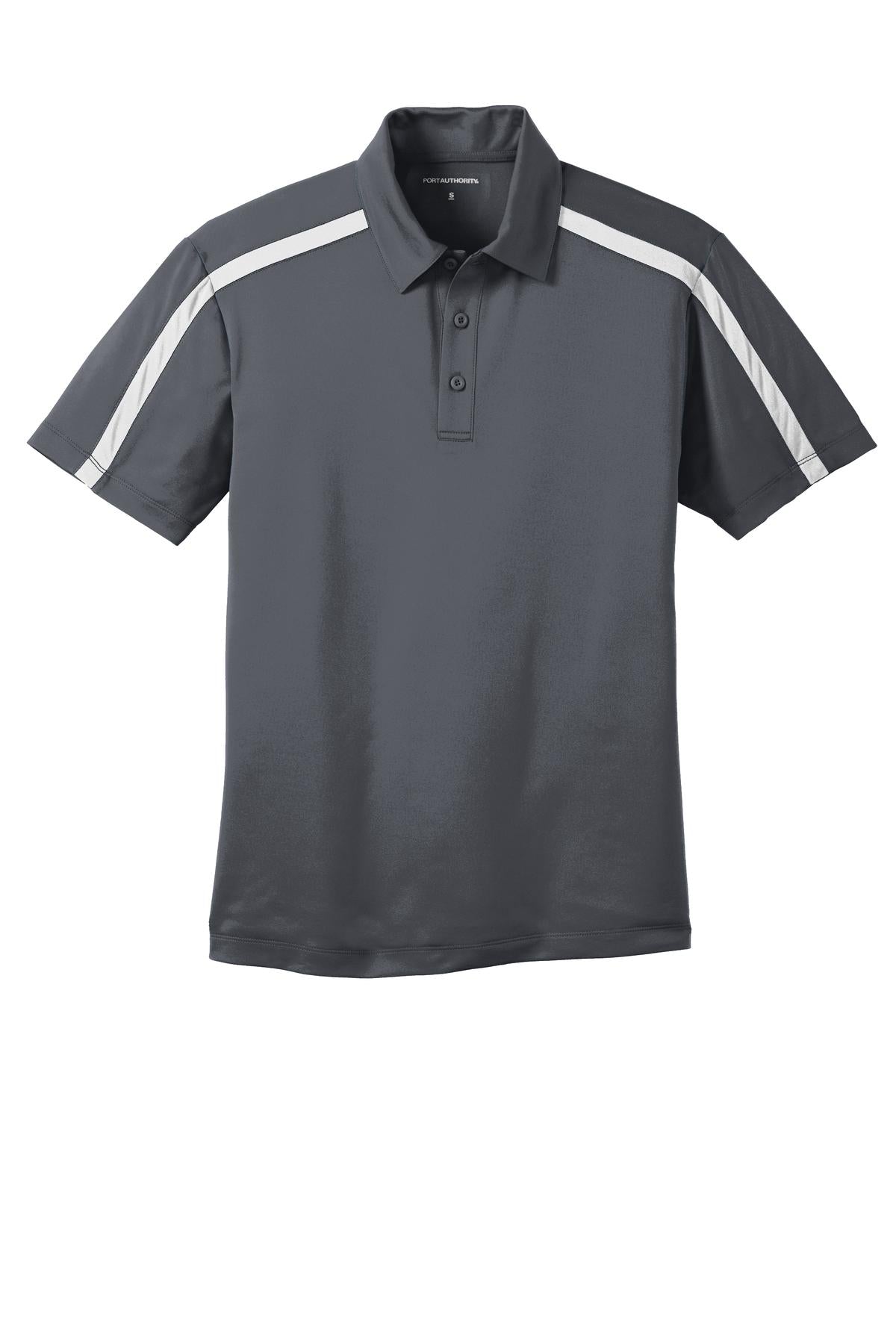 Front View of Steel Gy/White Port Authority Silk Touch Performance Colorblock Stripe Polo. K547