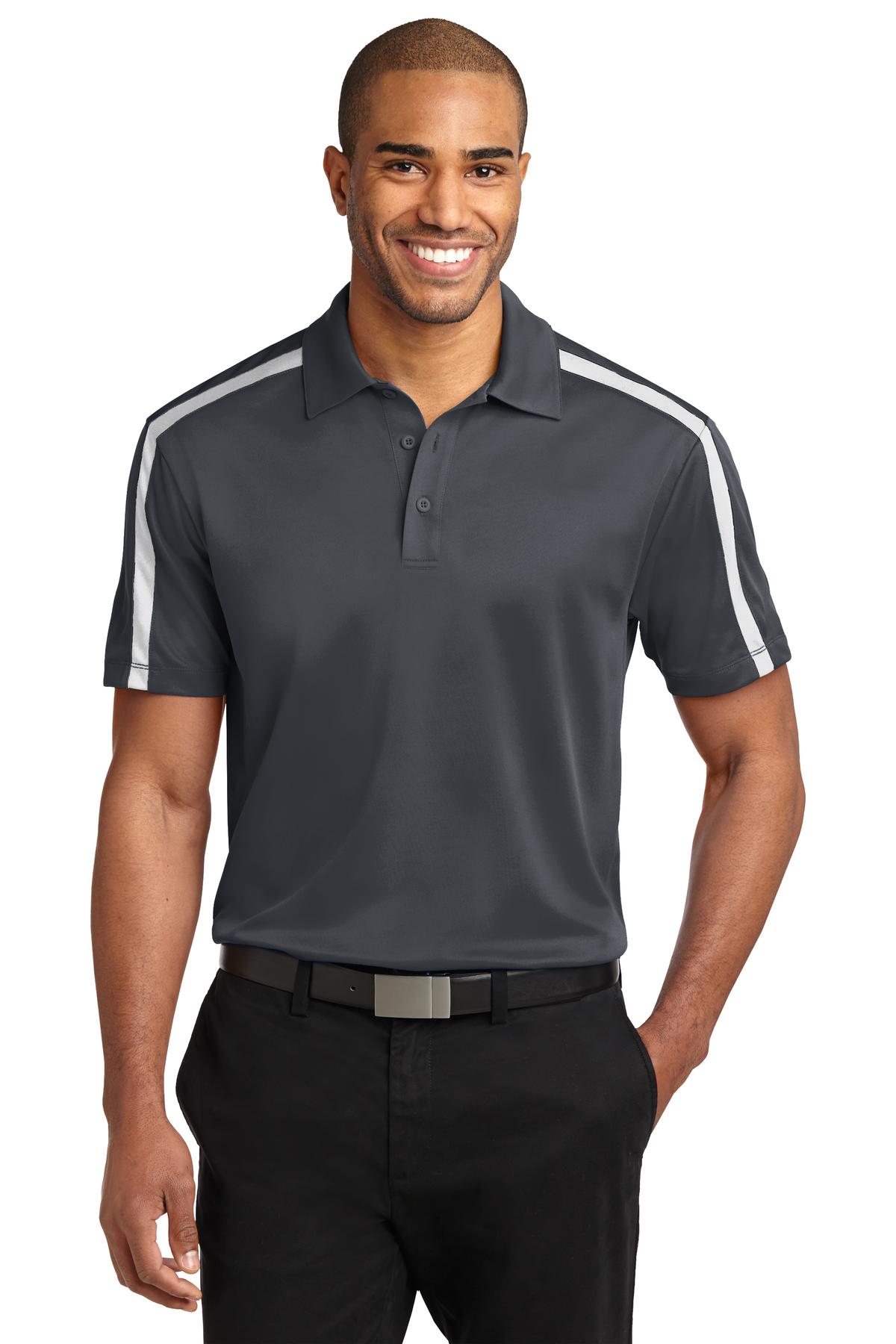 Front View of Steel Gy/White Port Authority Silk Touch Performance Colorblock Stripe Polo. K547