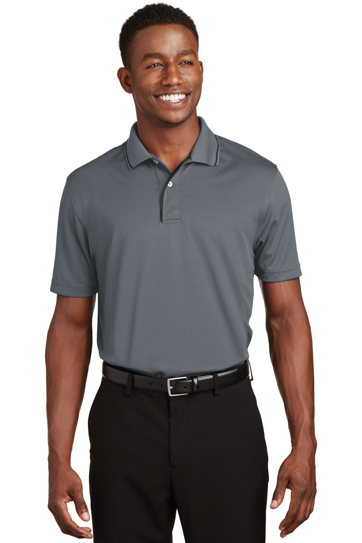 Front View of Steel/Black Sport-Tek Dri-Mesh Polo with Tipped Collar and Piping. K467