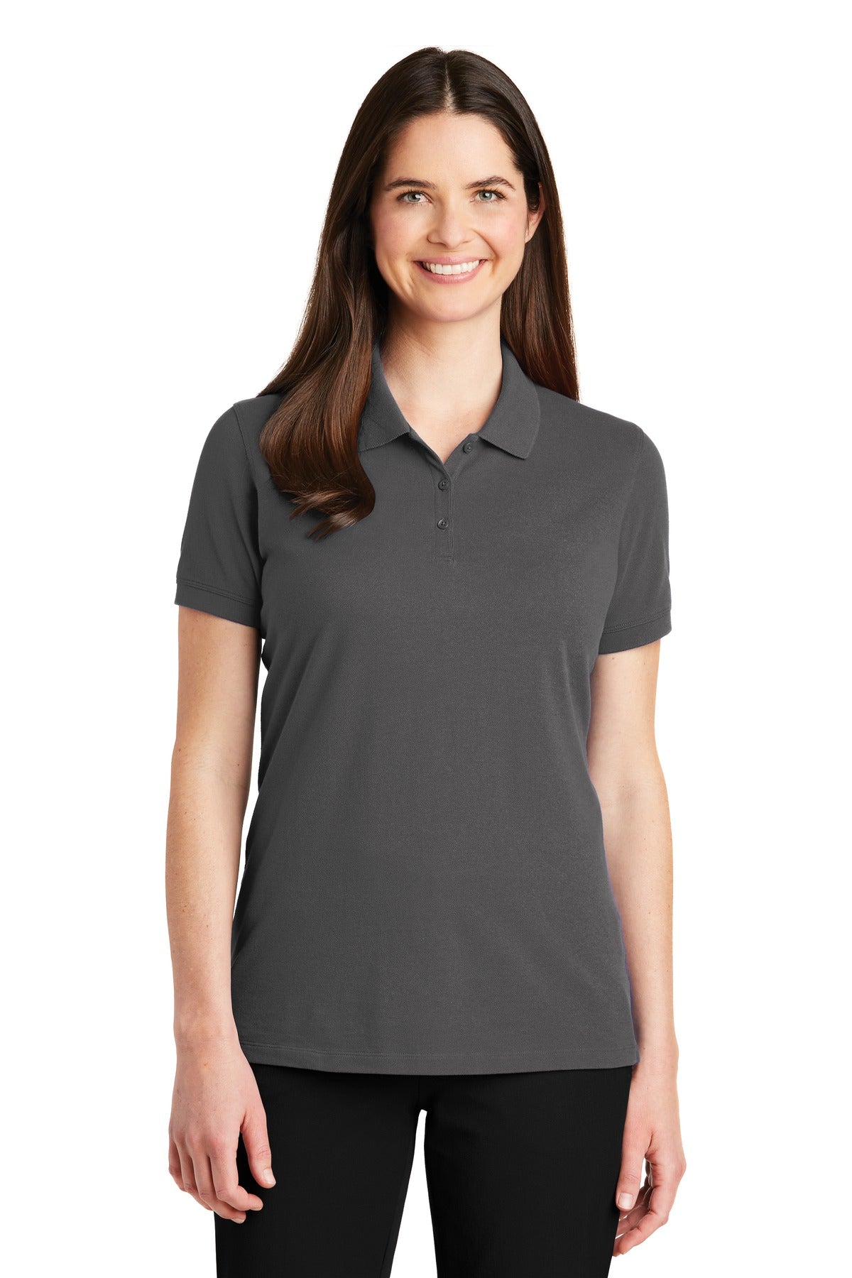 Front View of Sterling Grey Port Authority Women's EZCotton Polo. LK8000