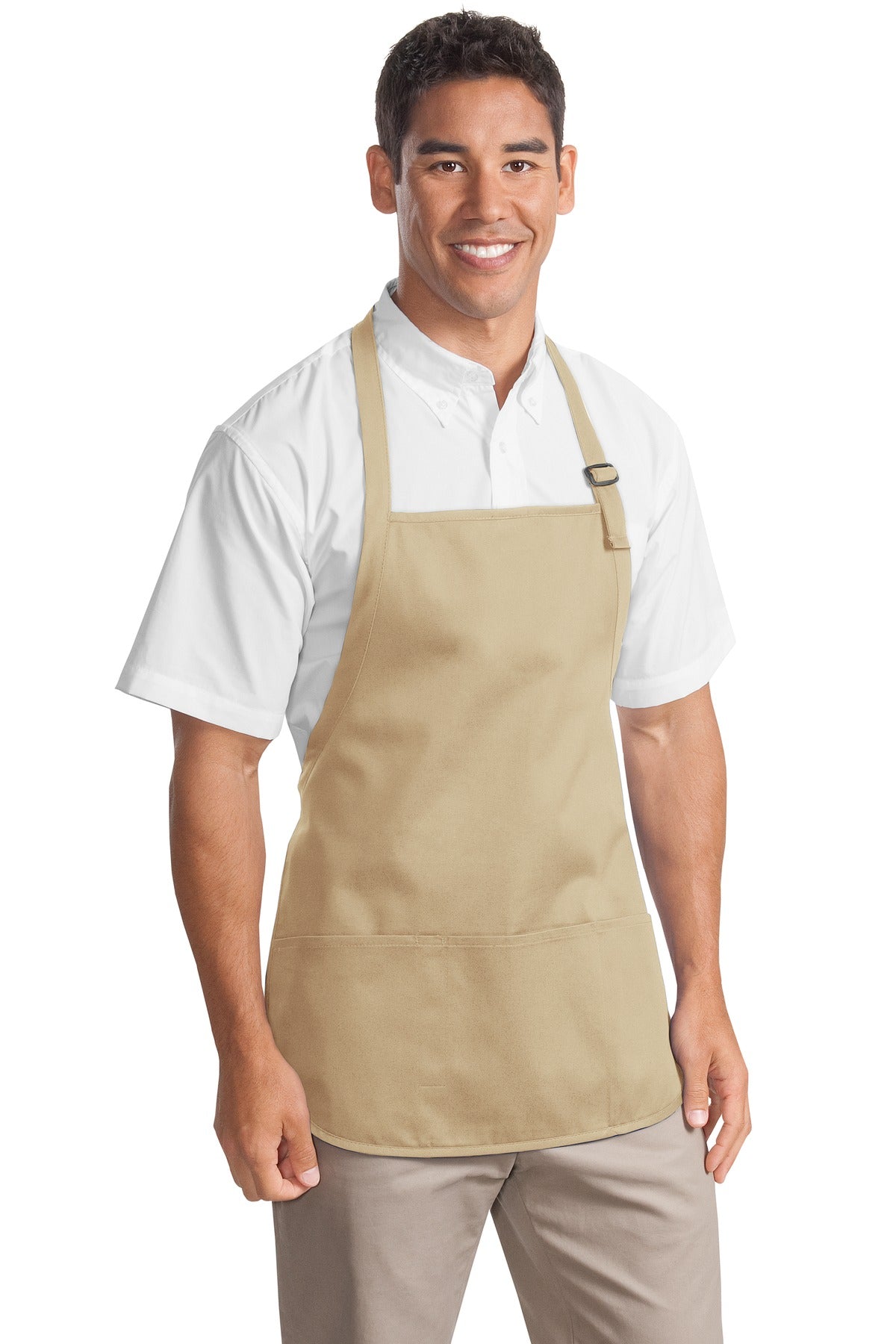 Front View of Stone Port Authority Medium-Length Apron with Pouch Pockets. A510