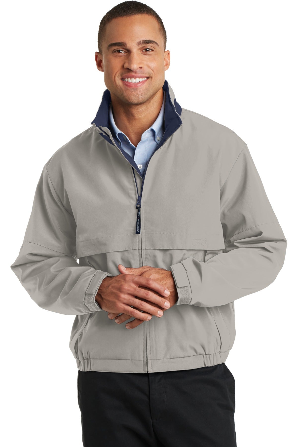 Front View of Stone/Dark Nvy Port Authority Legacy Jacket. J764