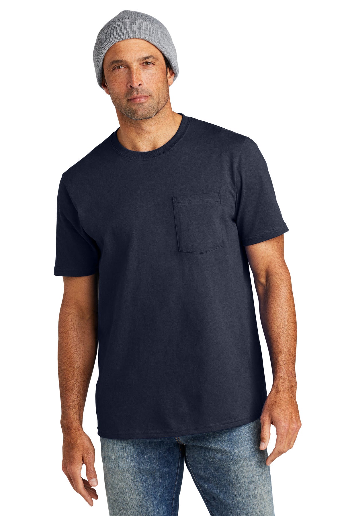Front View of StrongNavy Volunteer Knitwear All-American Pocket Tee VL100P