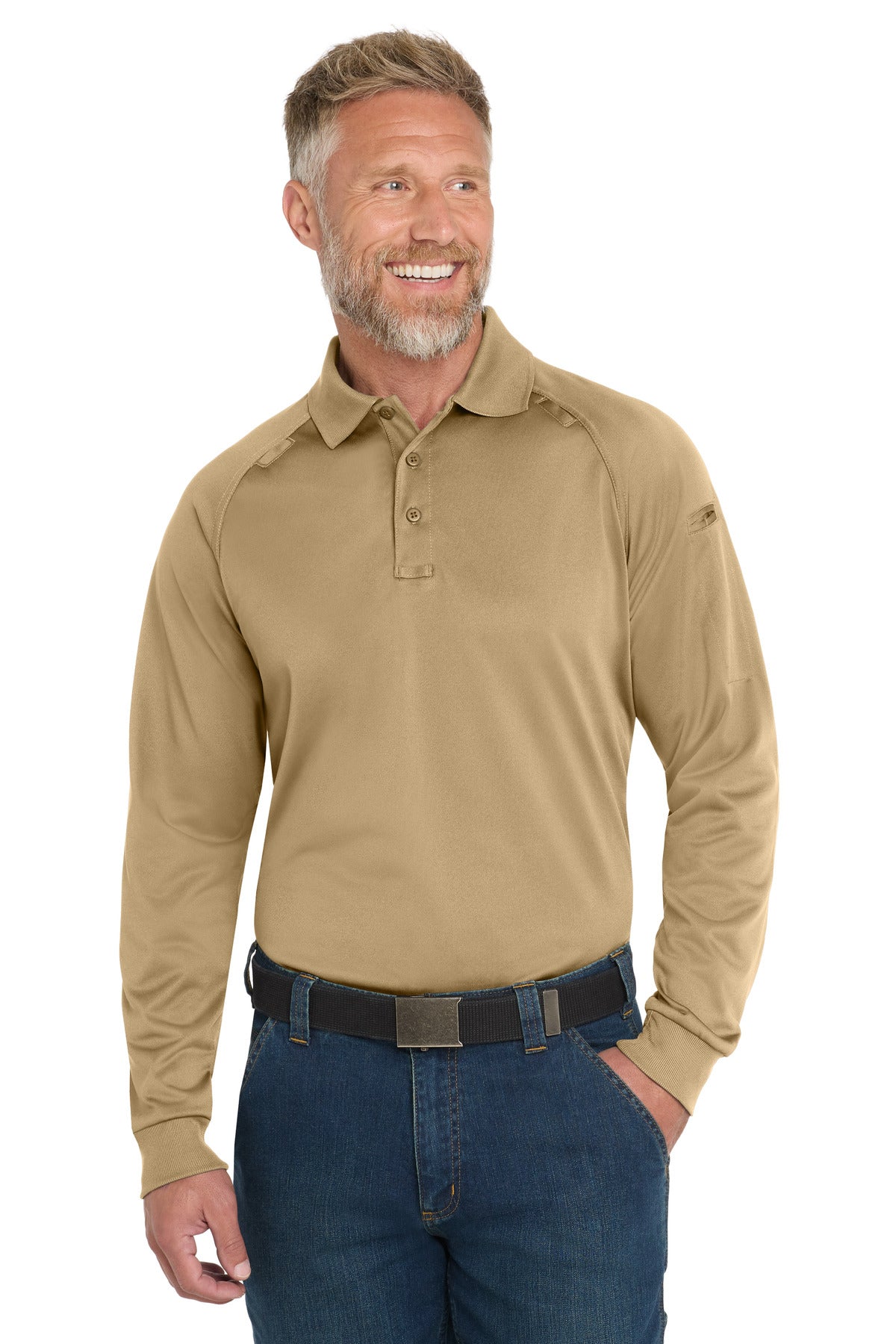 Front View of Tan CornerStone - Select Long Sleeve Snag-Proof Tactical Polo. CS410LS