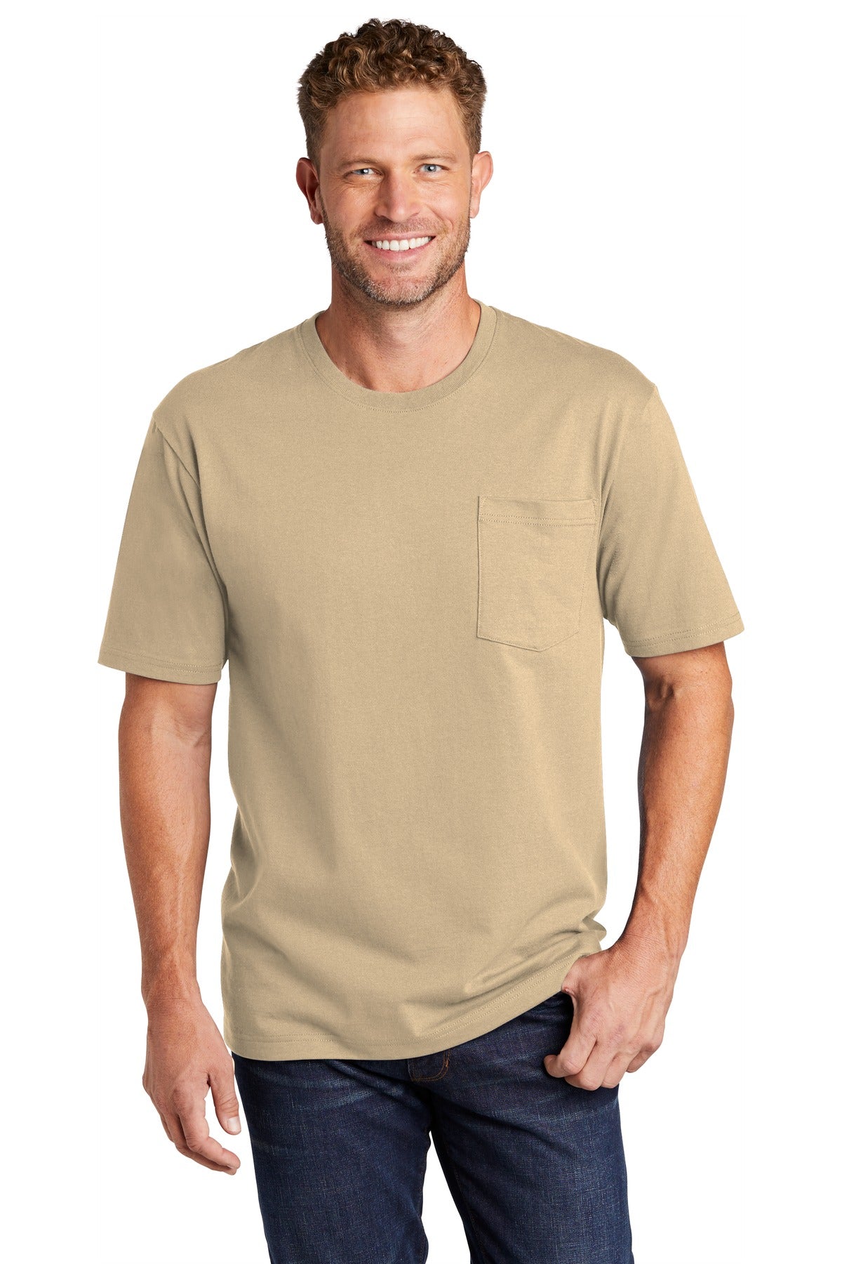 Front View of Tan CornerStone Workwear Pocket Tee CS430