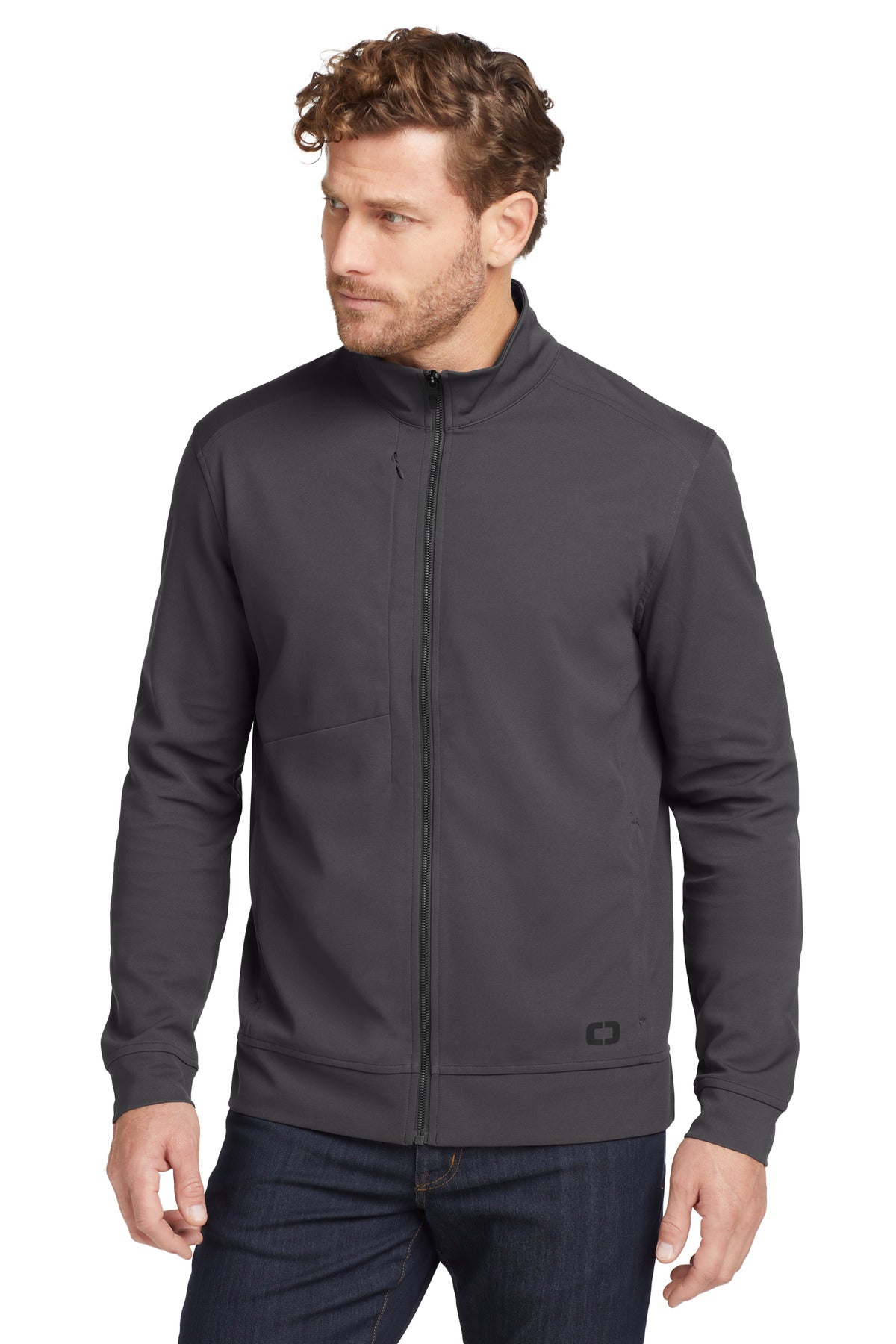 Front View of Tarmac Grey OGIO Hinge Full-Zip. OG820