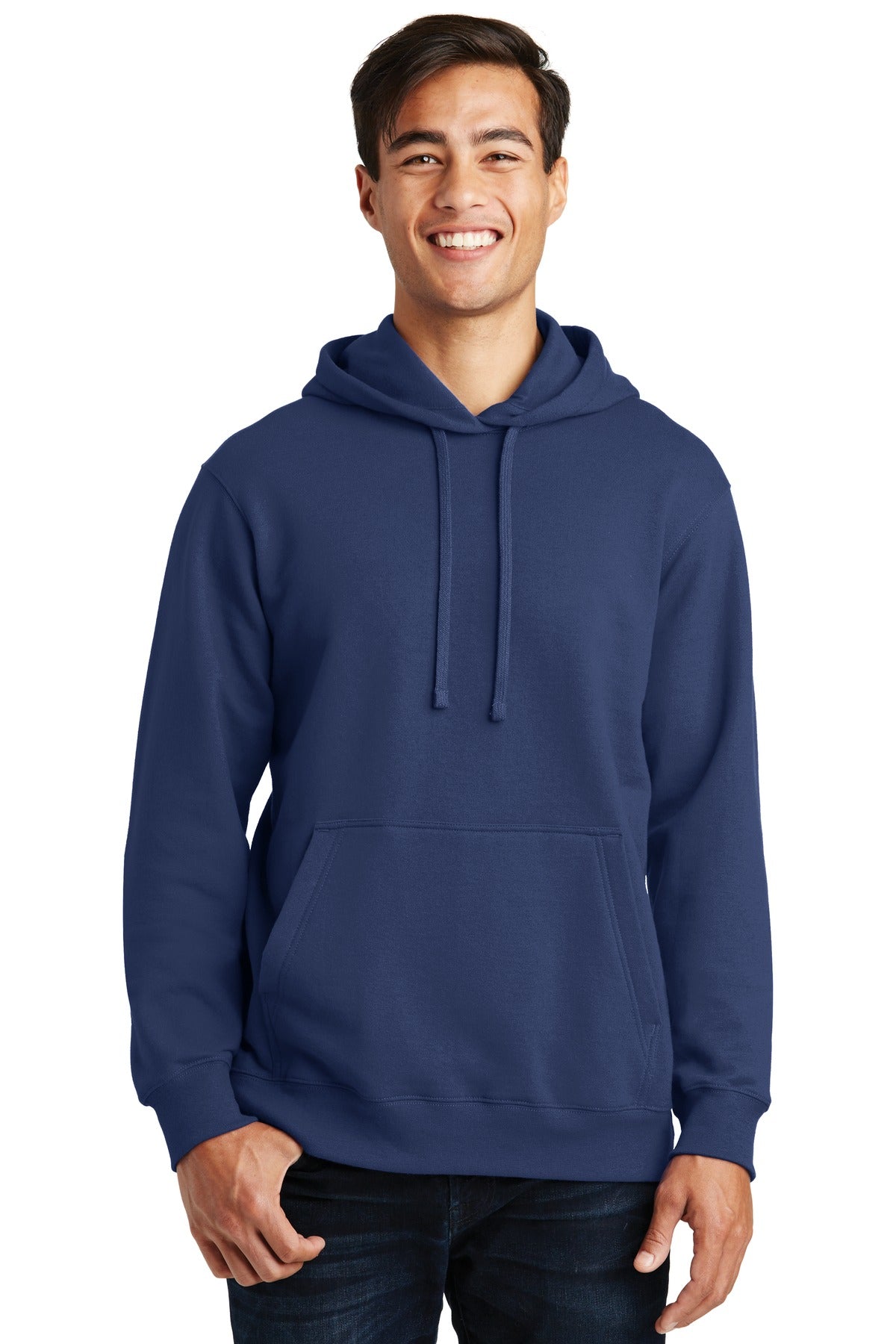 Front View of Team Navy Port & Company Fan Favorite Fleece Pullover Hooded Sweatshirt. PC850H