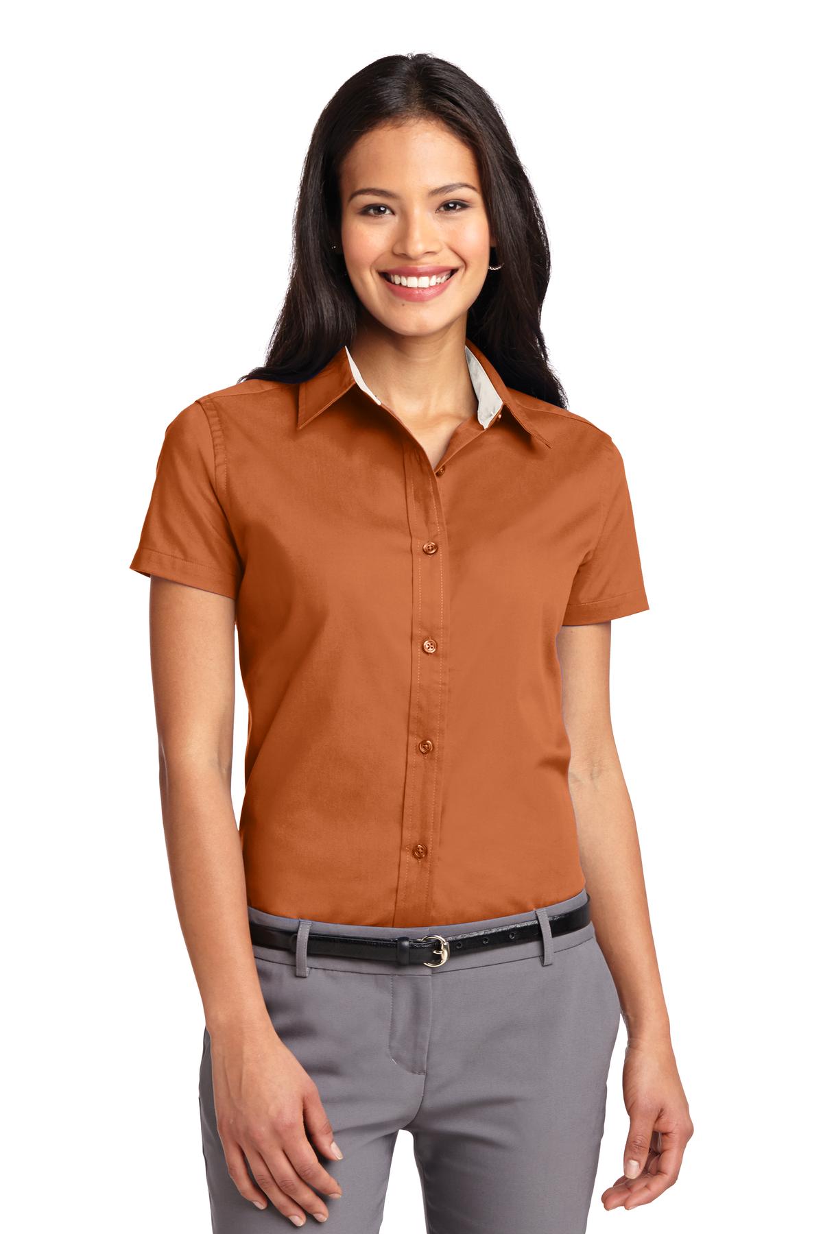 Front View of Texas Orange Port Authority Women's Short Sleeve Easy Care Shirt. L508