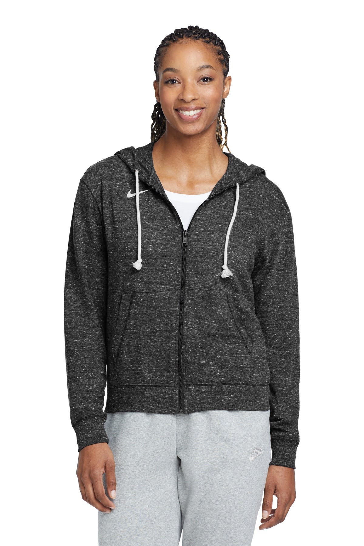 Front View of Tm Black Nike Women's Gym Vintage Full-Zip Hoodie CN9402