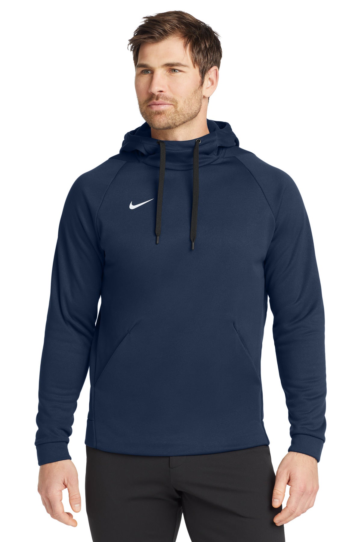 Front View of Tm Navy Nike Therma-FIT Pullover Fleece Hoodie CN9473