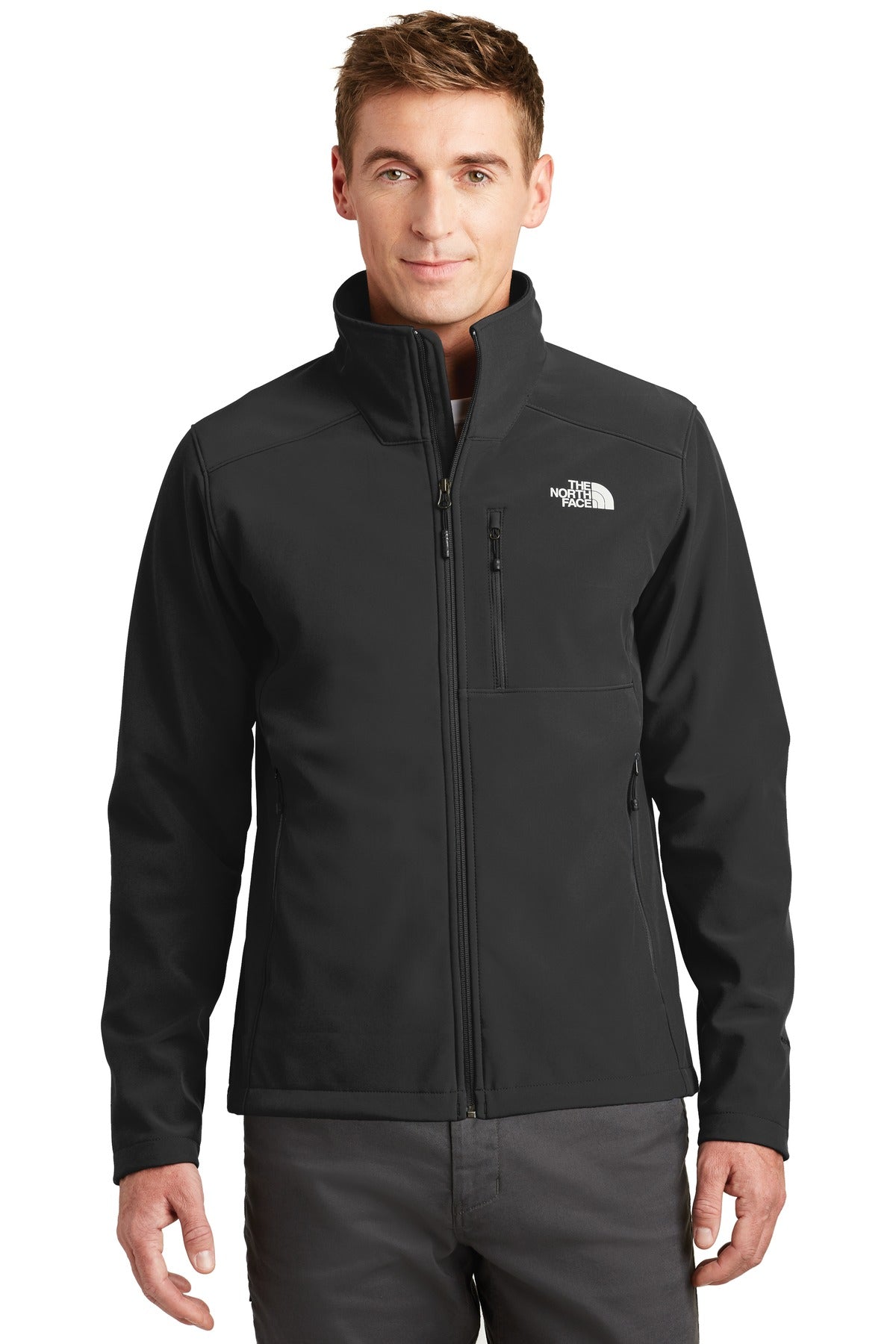Front View of TNF Black The North Face Apex Barrier Soft Shell Jacket. NF0A3LGT