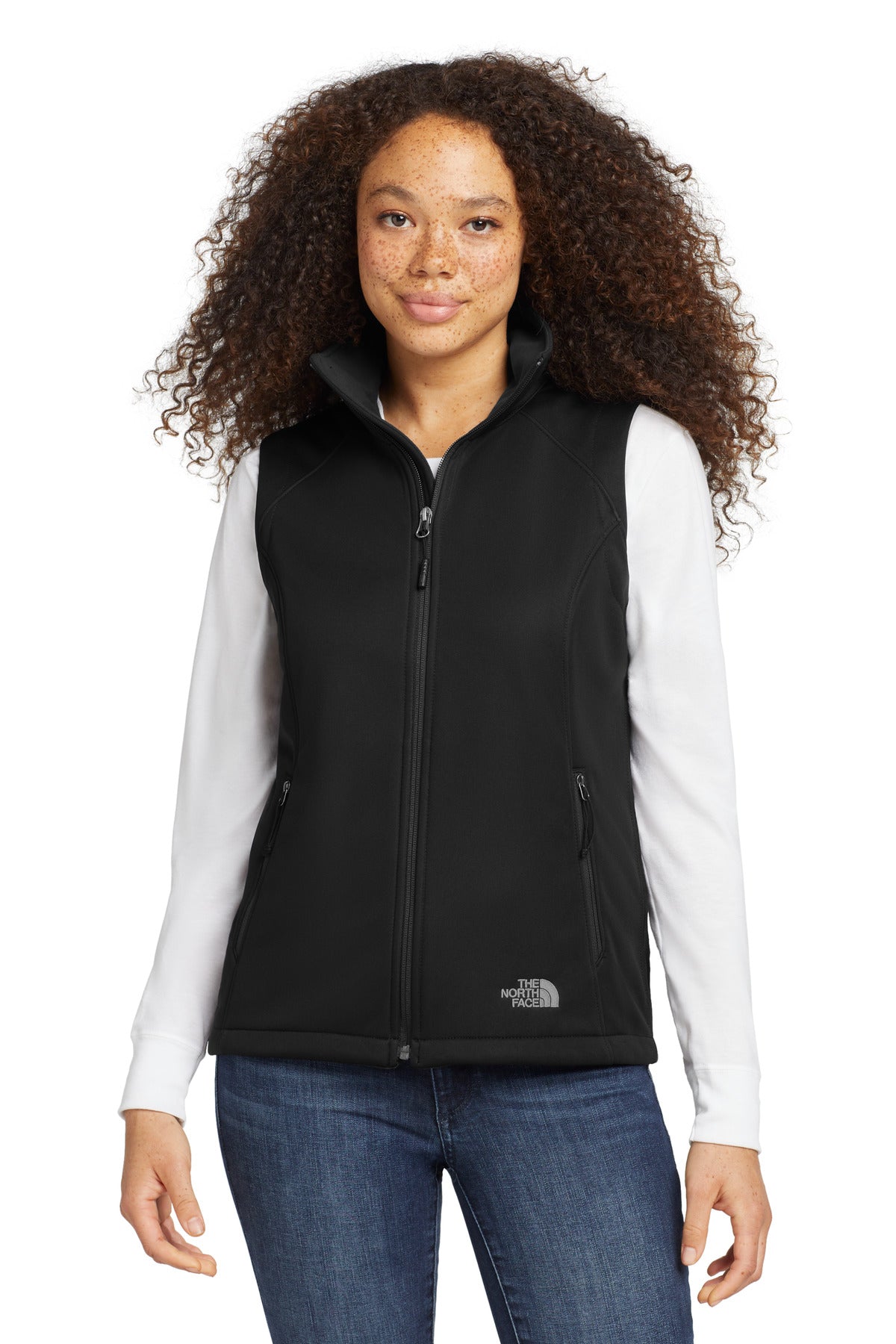 Front View of TNF Black The North Face Women's Ridgewall Soft Shell Vest. NF0A3LH1