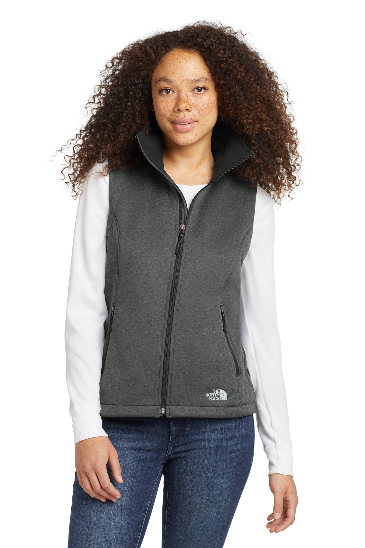 Front View of TNF Dk Grey He The North Face Women's Ridgewall Soft Shell Vest. NF0A3LH1