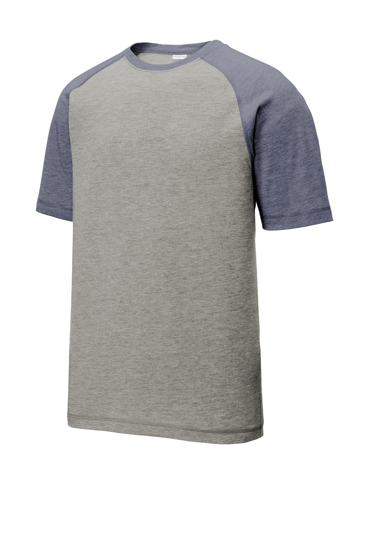 Front View of Tr Navy He/LGH Sport-Tek PosiCharge Tri-Blend Wicking Raglan Tee. ST400