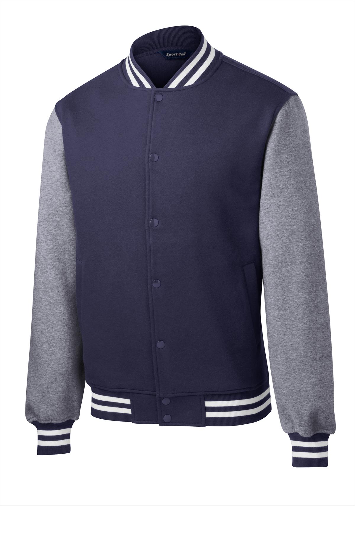 Front View of Tr Navy/Vnt He Sport-Tek Fleece Letterman Jacket. ST270