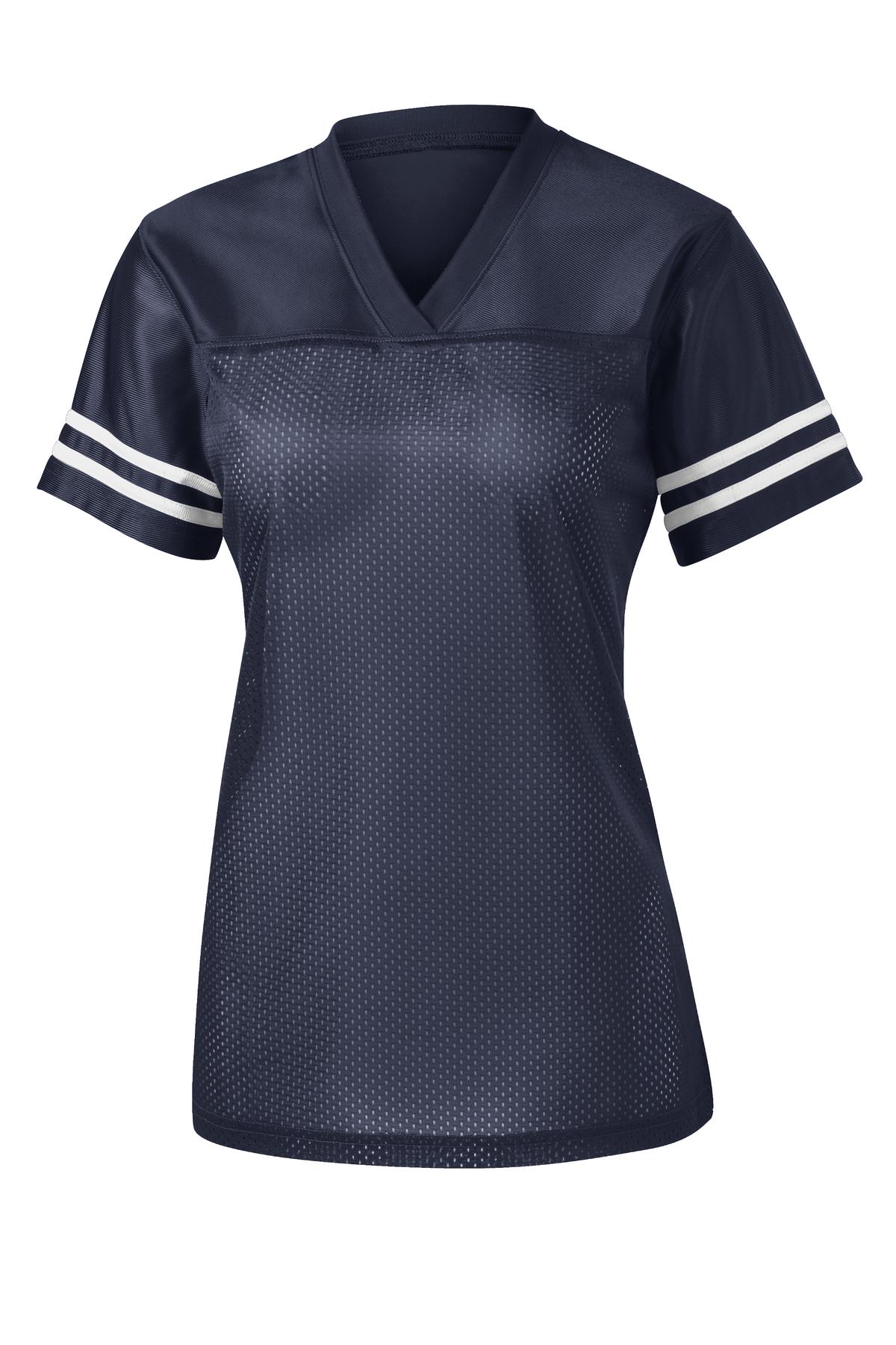 Front View of Tr Navy/White Sport-Tek Women's PosiCharge Replica Jersey. LST307
