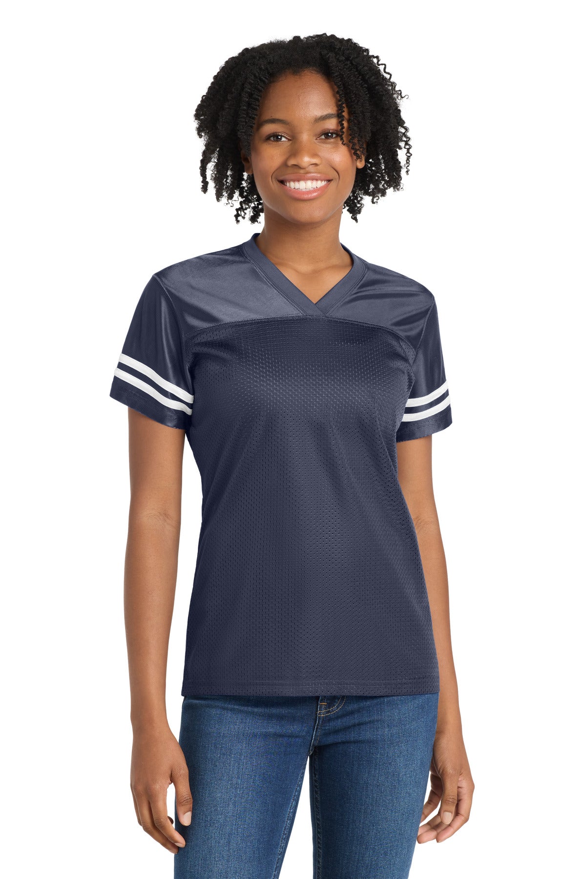 Front View of Tr Navy/White Sport-Tek Women's PosiCharge Replica Jersey. LST307