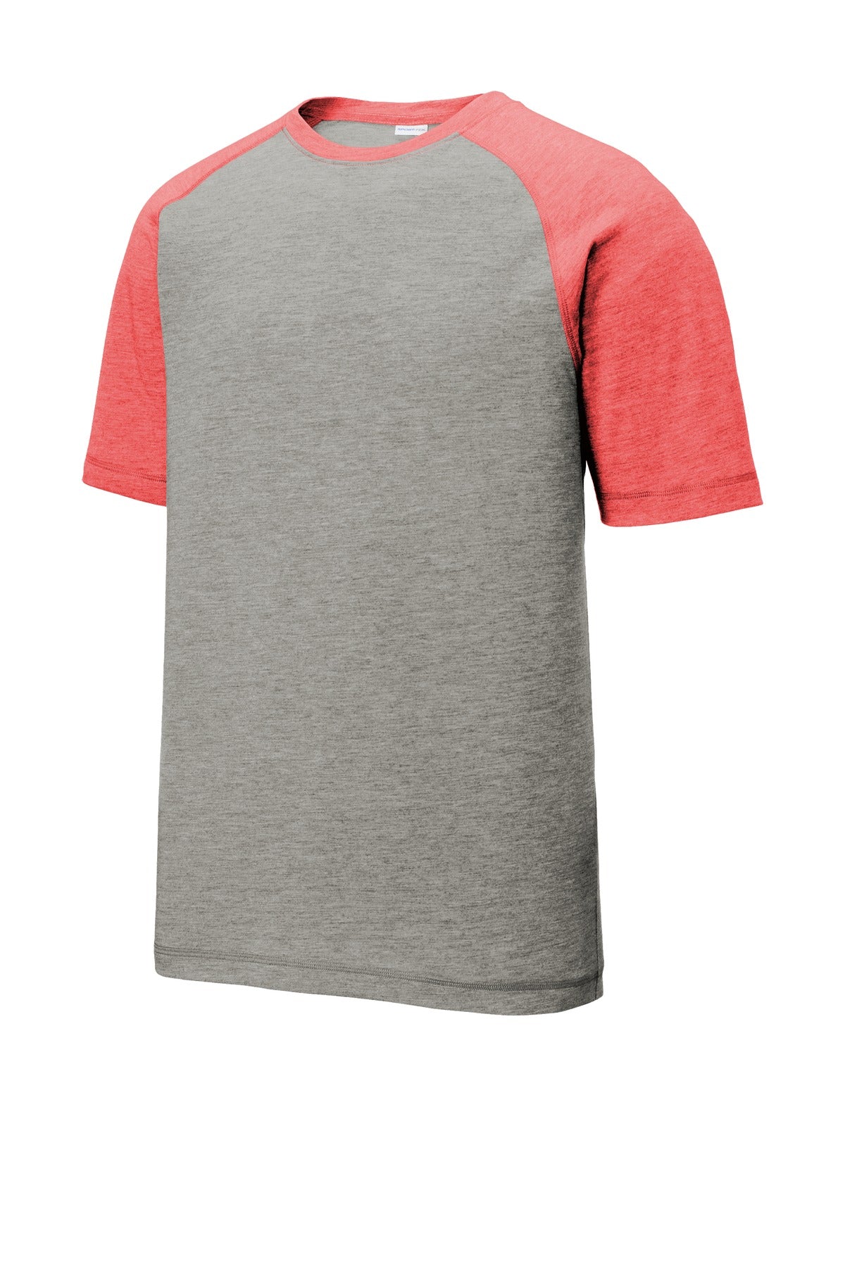 Front View of Tr Red Hth/LGH Sport-Tek PosiCharge Tri-Blend Wicking Raglan Tee. ST400