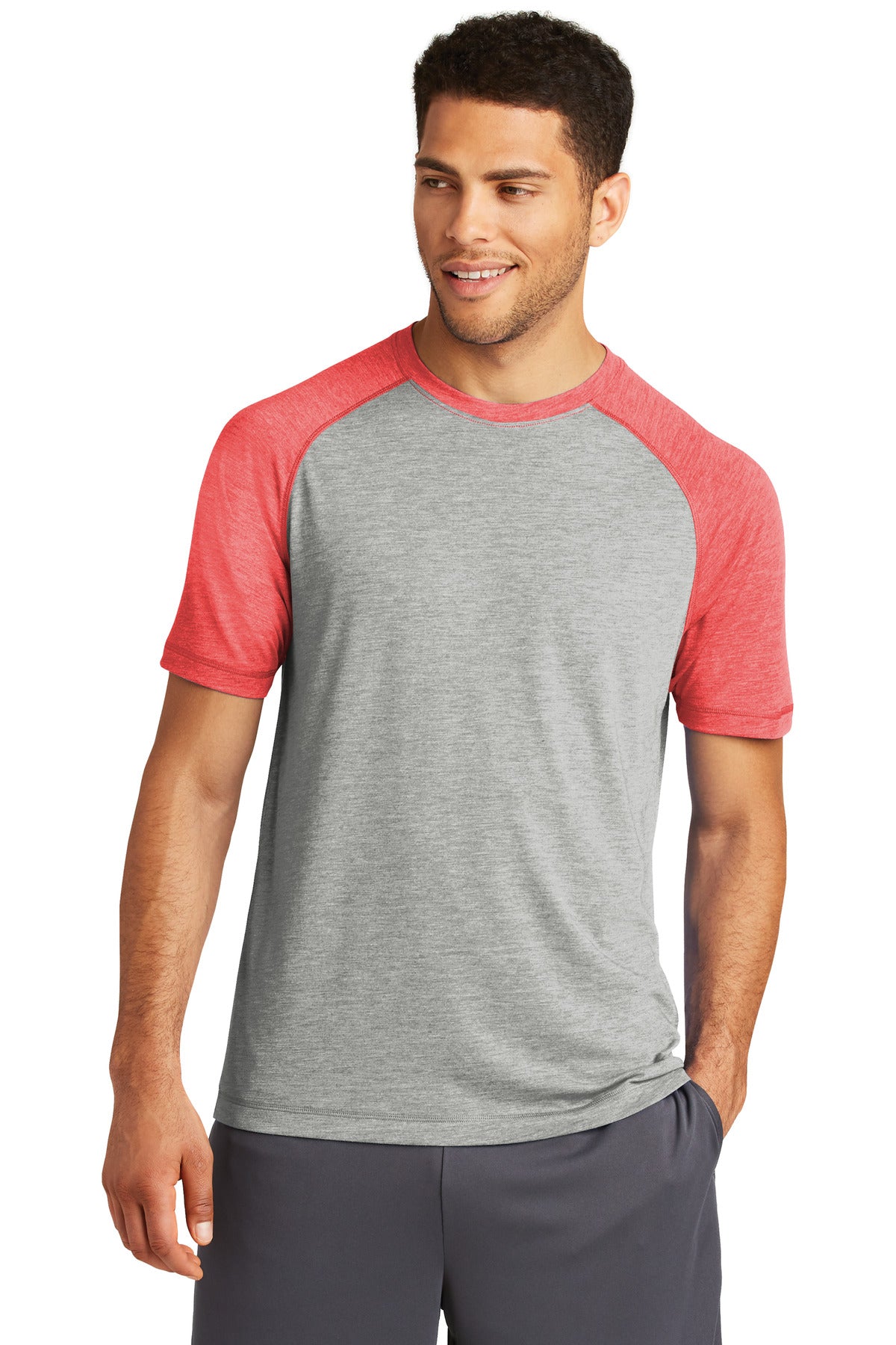 Front View of Tr Red Hth/LGH Sport-Tek PosiCharge Tri-Blend Wicking Raglan Tee. ST400