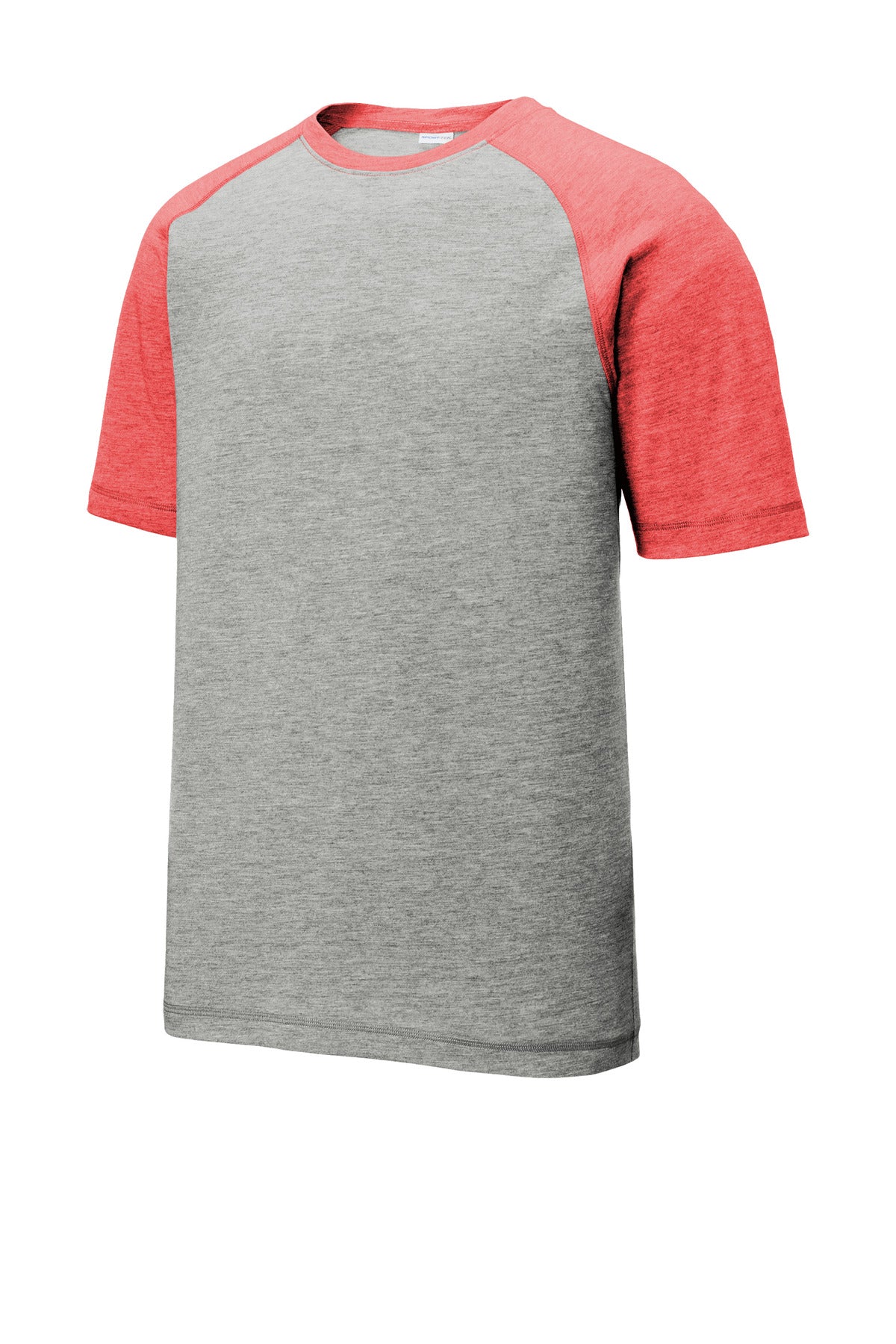 Front View of Tr Red Hth/LGH Sport-Tek PosiCharge Tri-Blend Wicking Raglan Tee. ST400