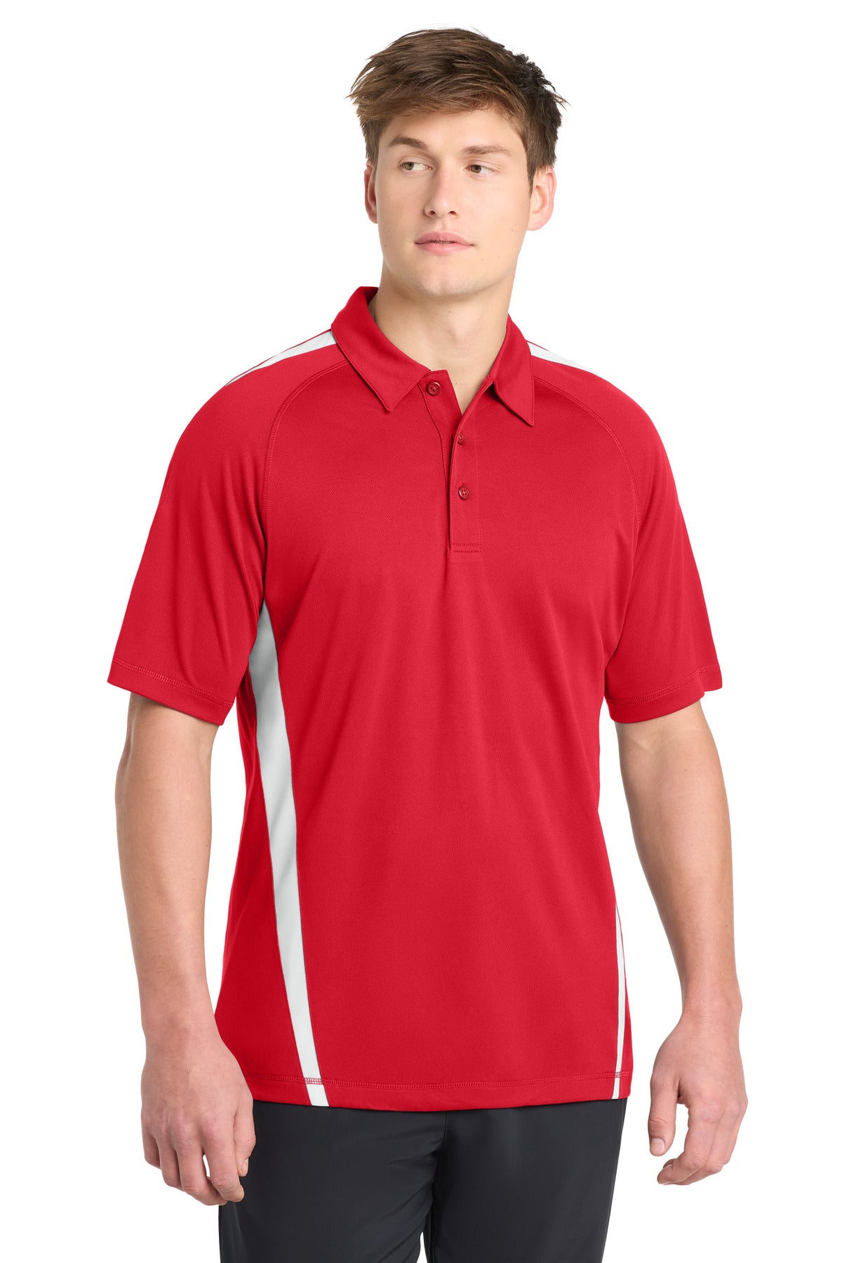 Front View of Tr Red/White Sport-Tek PosiCharge Micro-Mesh Colorblock Polo. ST685