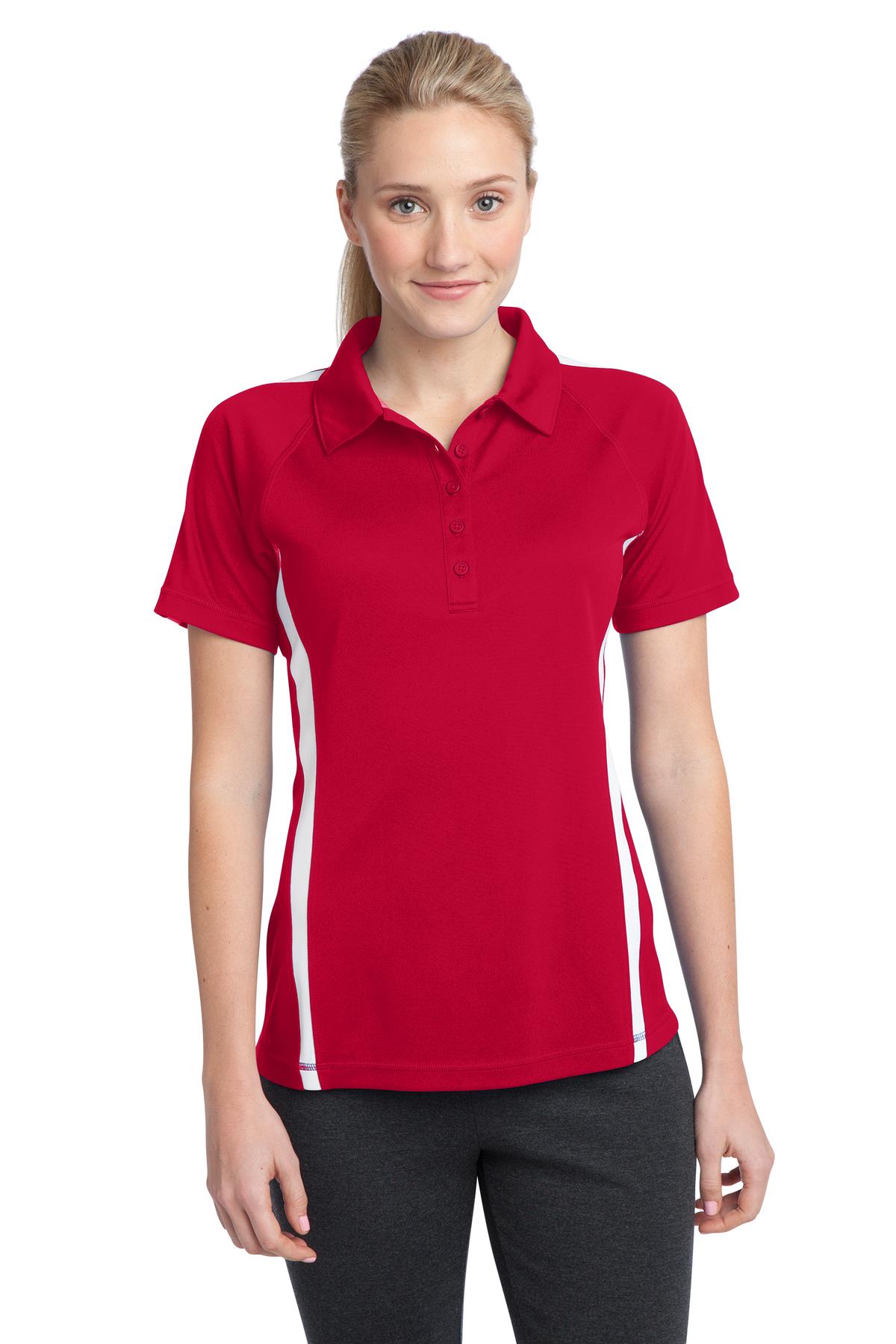 Front View of Tr Red/White Sport-Tek Women's PosiCharge Micro-Mesh Colorblock Polo. LST685