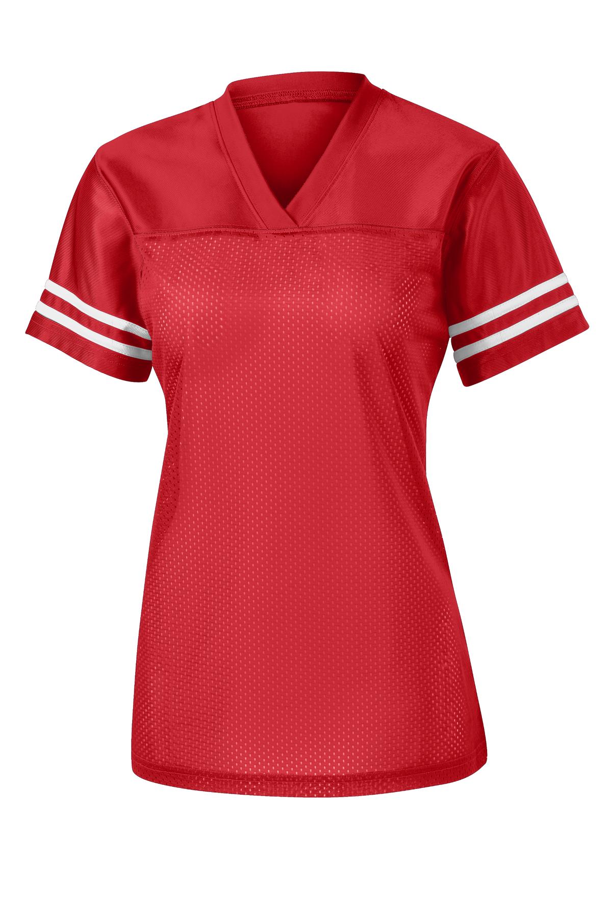 Front View of Tr Red/White Sport-Tek Women's PosiCharge Replica Jersey. LST307