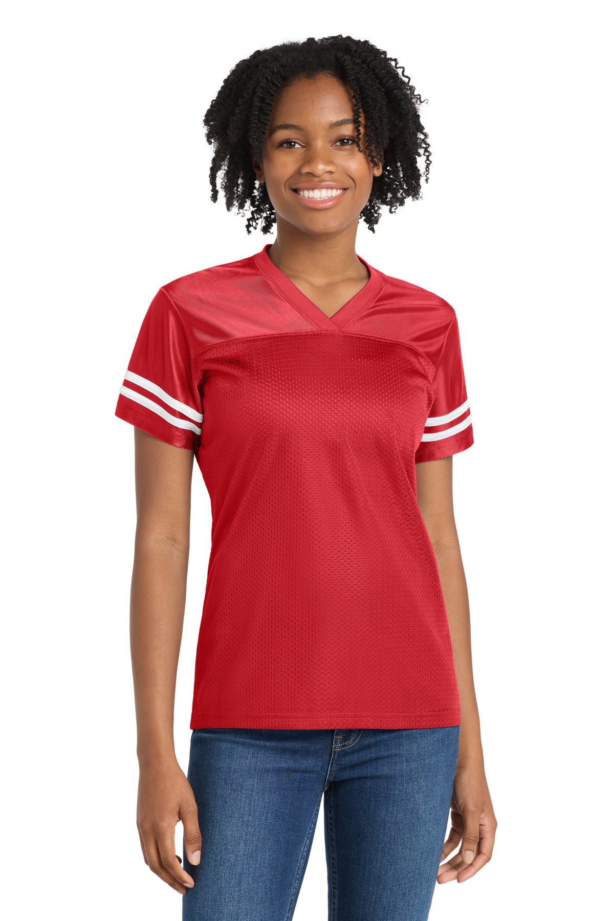 Front View of Tr Red/White Sport-Tek Women's PosiCharge Replica Jersey. LST307