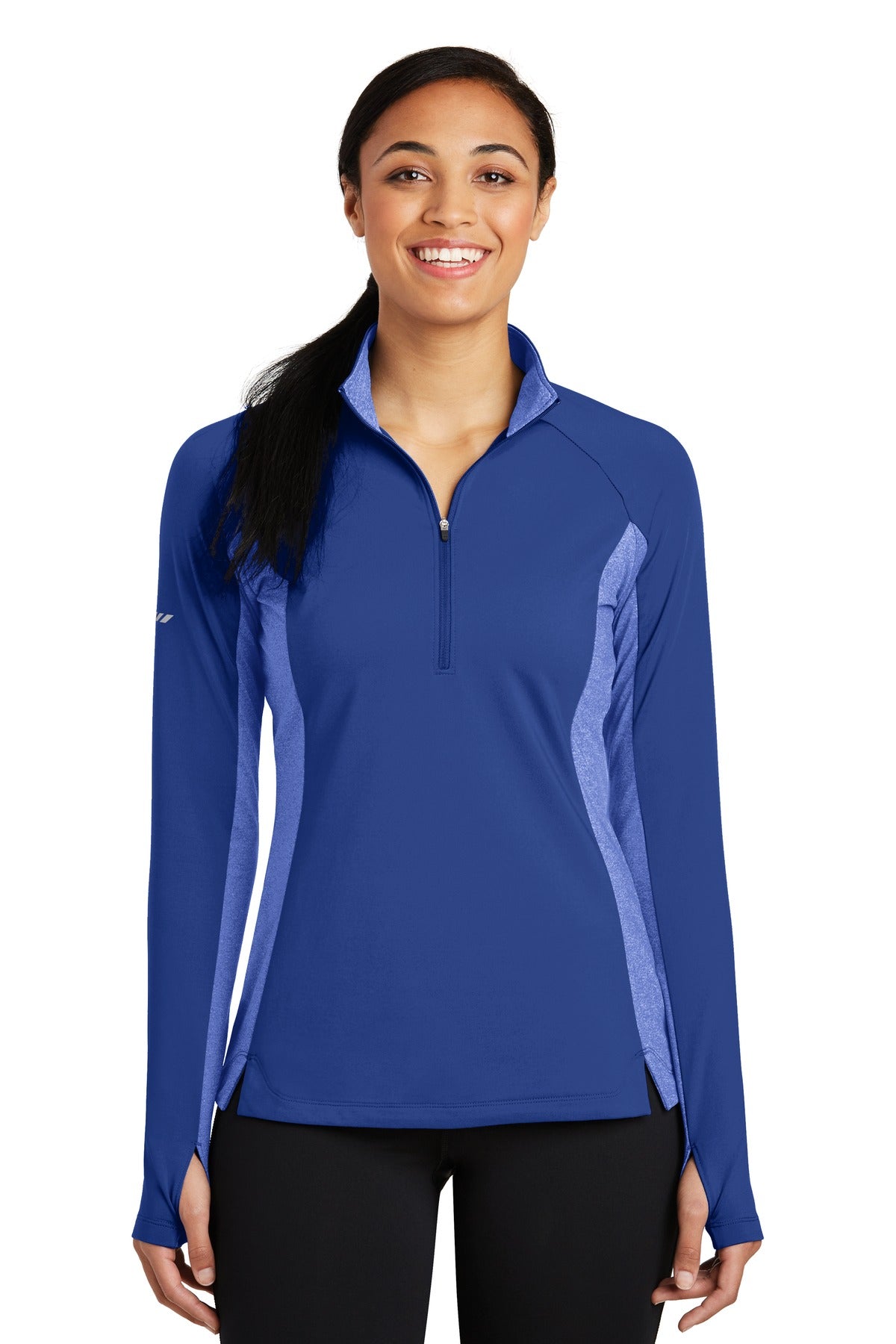 Front View of Tr Royal/TrRyH Sport-Tek Women's Sport-Wick Stretch Contrast 1/4-Zip Pullover. LST854