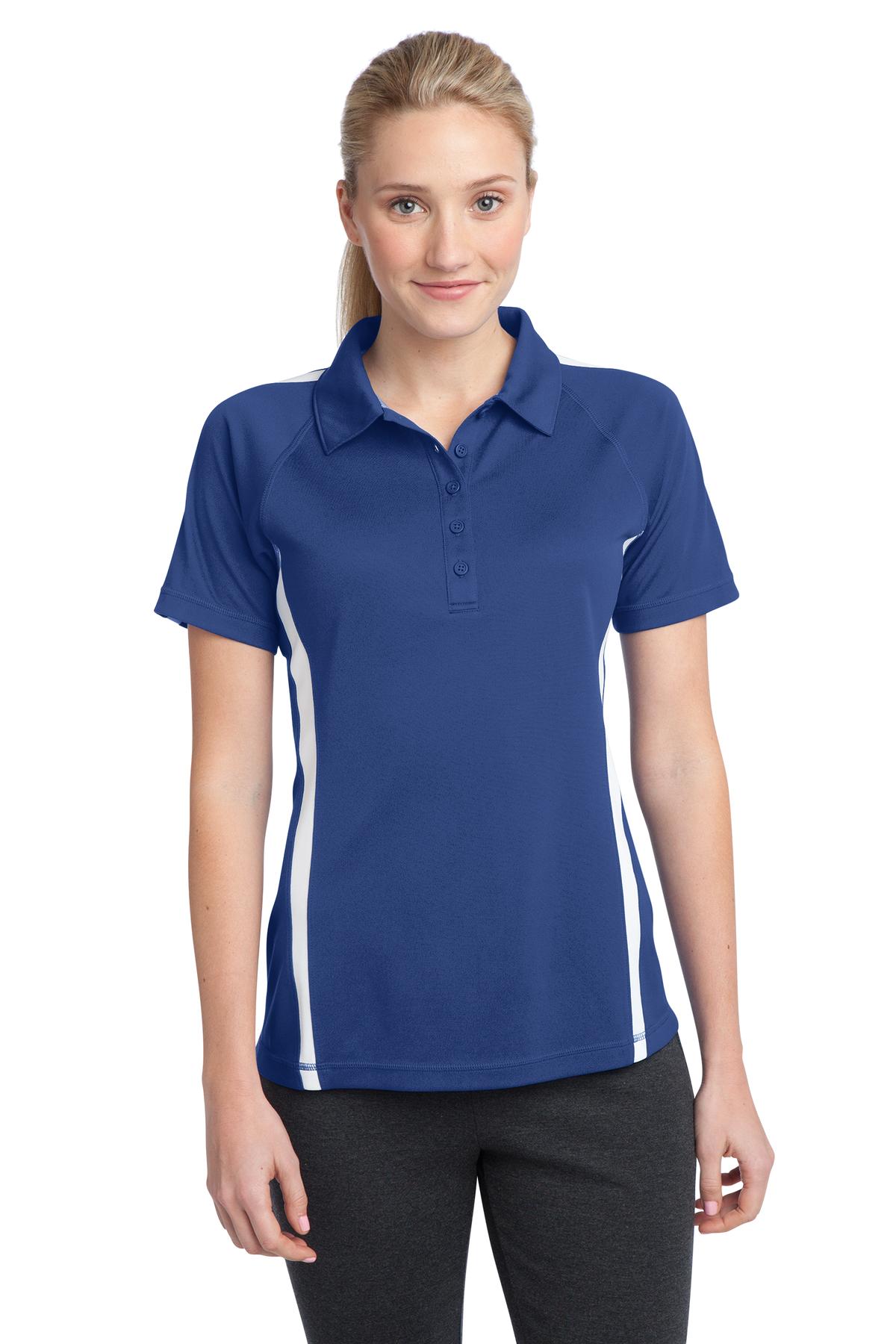 Front View of Tr Royal/White Sport-Tek Women's PosiCharge Micro-Mesh Colorblock Polo. LST685