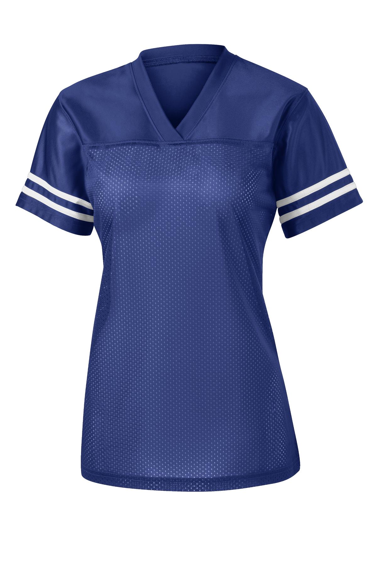 Front View of Tr Royal/White Sport-Tek Women's PosiCharge Replica Jersey. LST307