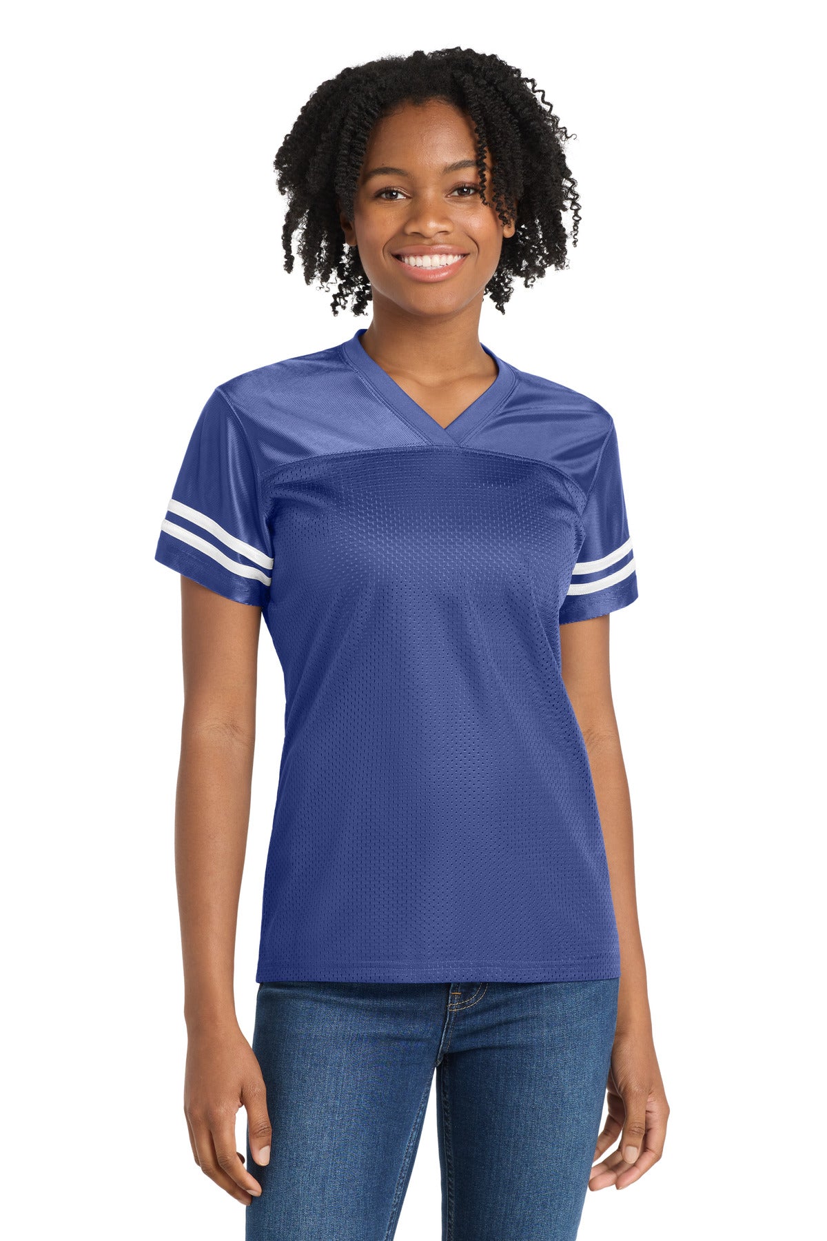 Front View of Tr Royal/White Sport-Tek Women's PosiCharge Replica Jersey. LST307