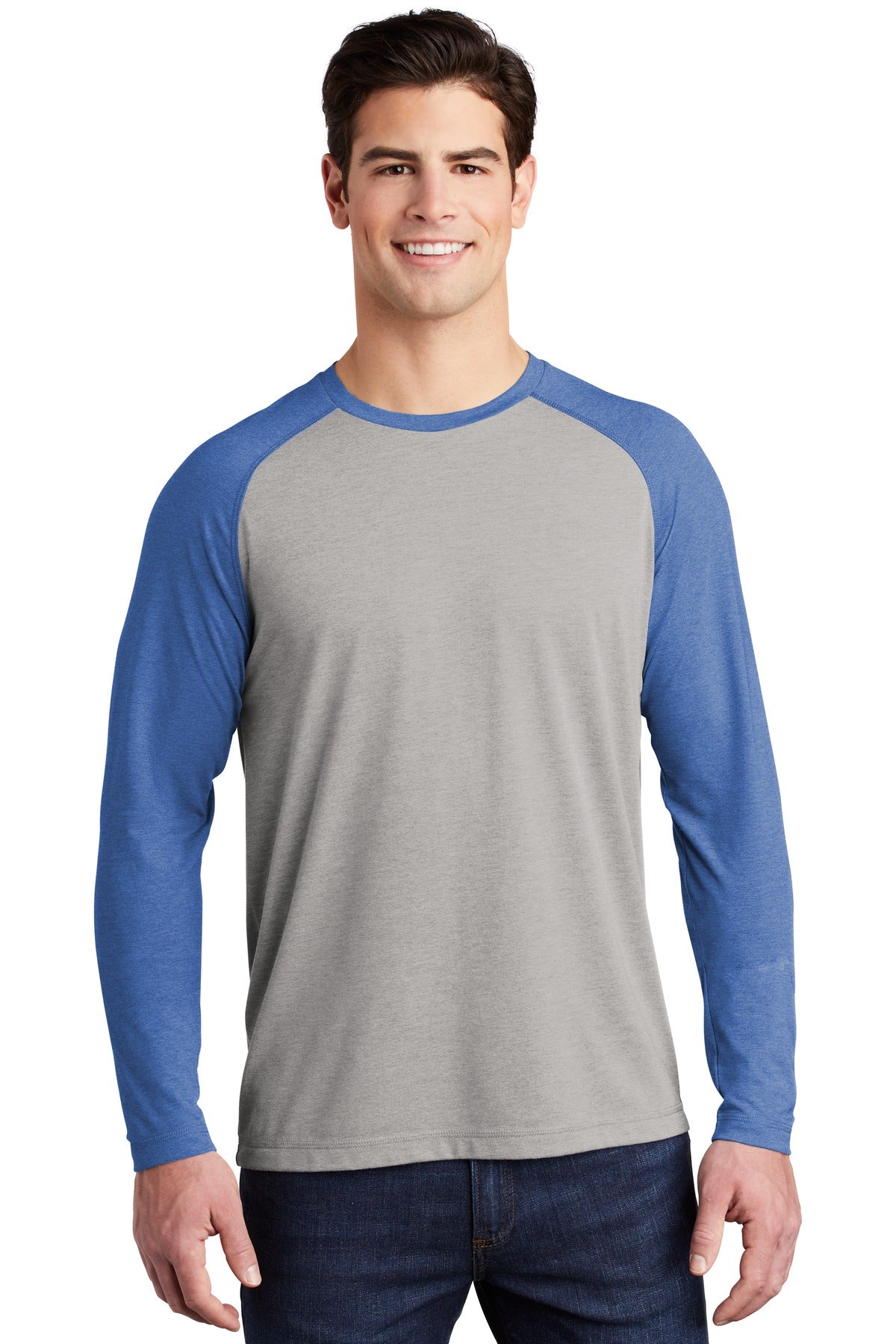 Front View of Tr Royl He/LGH Sport-Tek PosiCharge Long Sleeve Tri-Blend Wicking Raglan Tee ST400LS