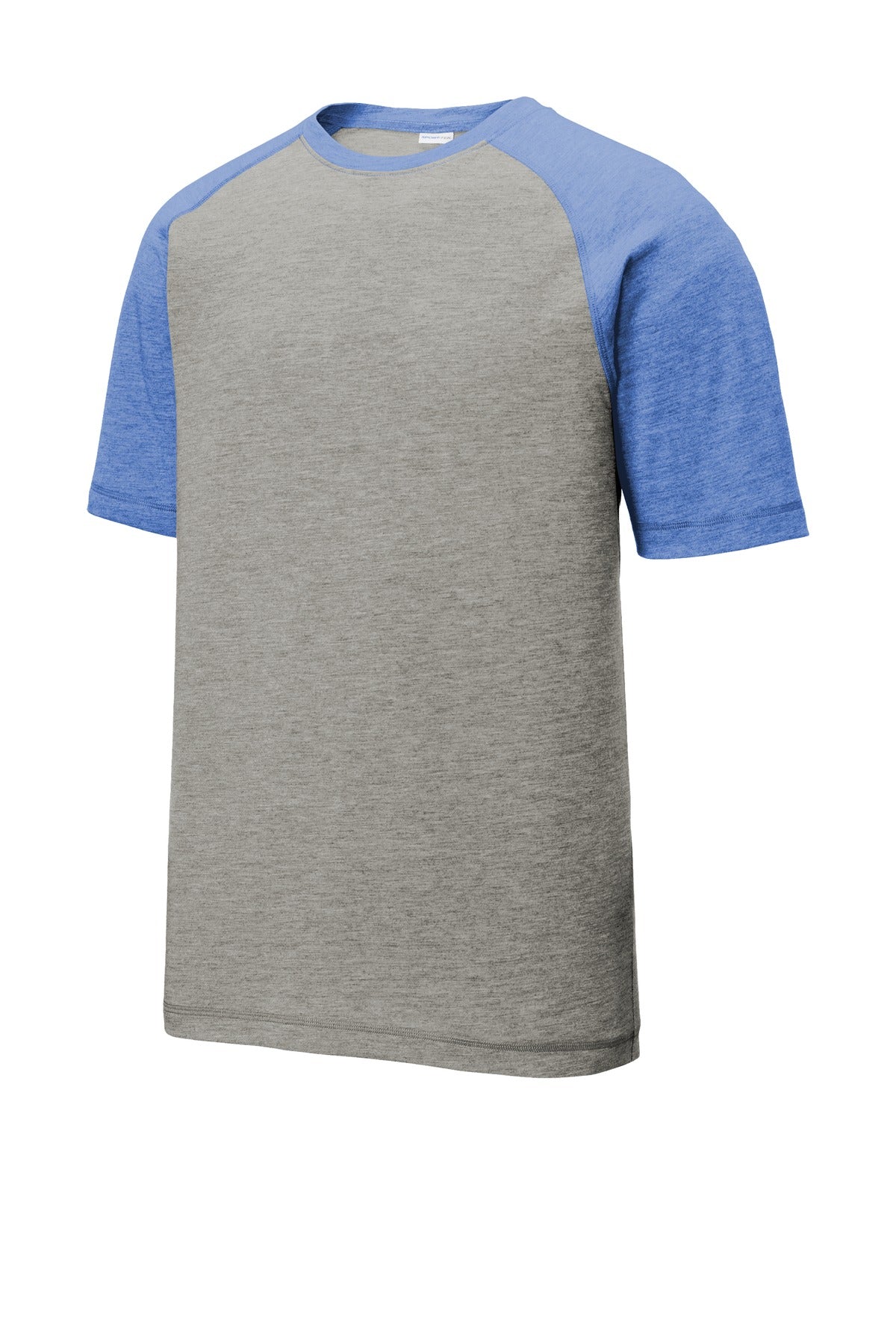 Front View of Tr Royl He/LGH Sport-Tek PosiCharge Tri-Blend Wicking Raglan Tee. ST400