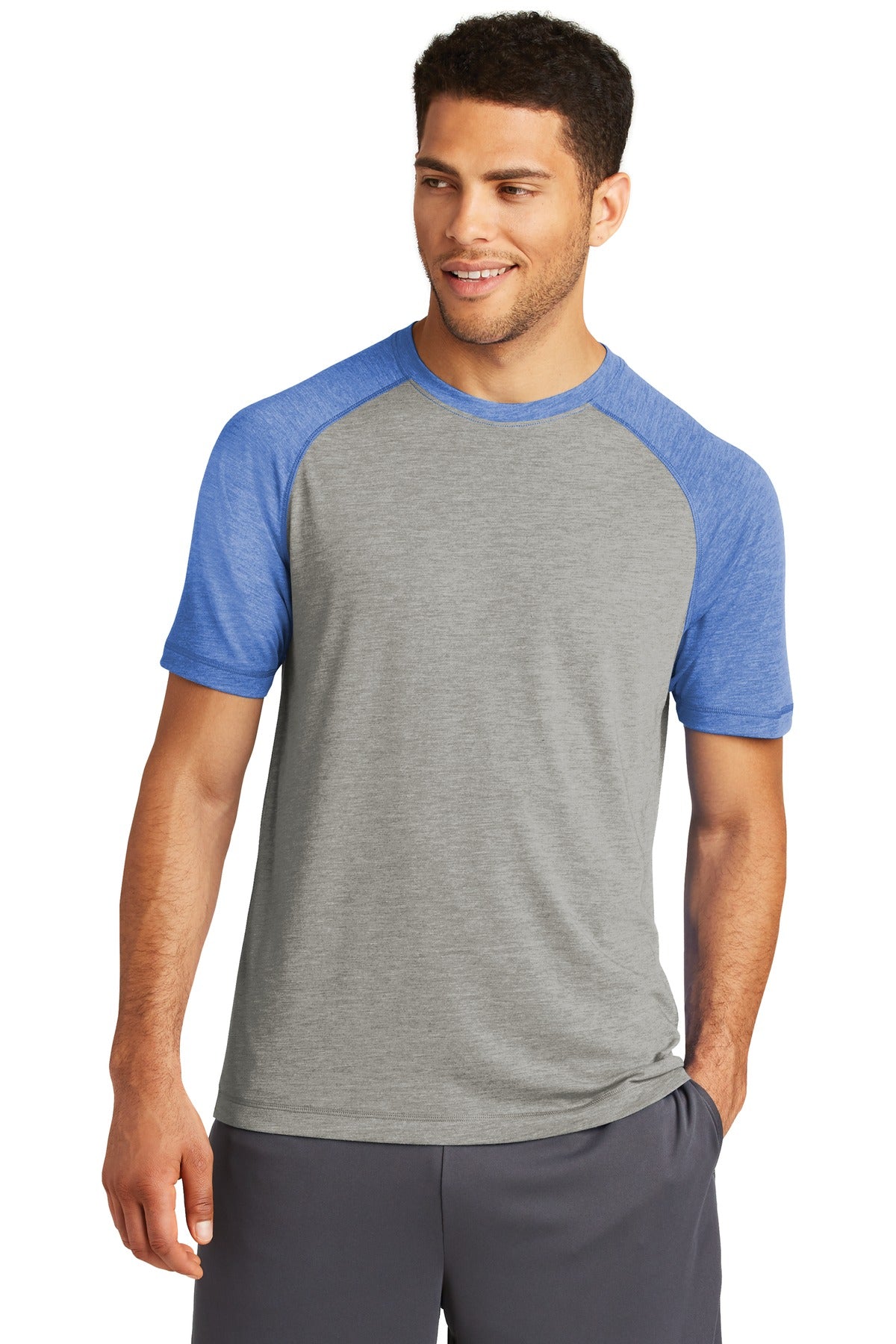 Front View of Tr Royl He/LGH Sport-Tek PosiCharge Tri-Blend Wicking Raglan Tee. ST400