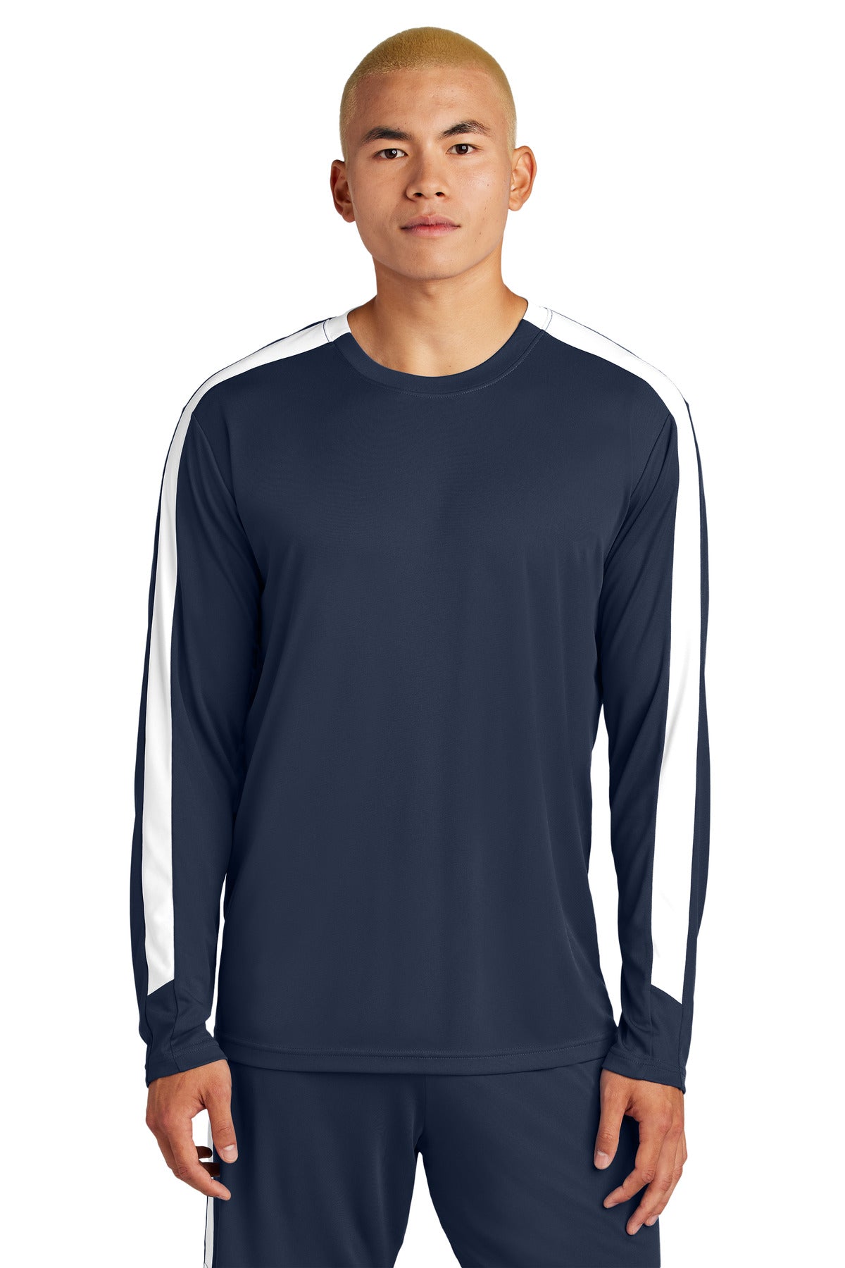 Front View of TrNv/White Sport-Tek Competitor United Long Sleeve Crew ST100LS