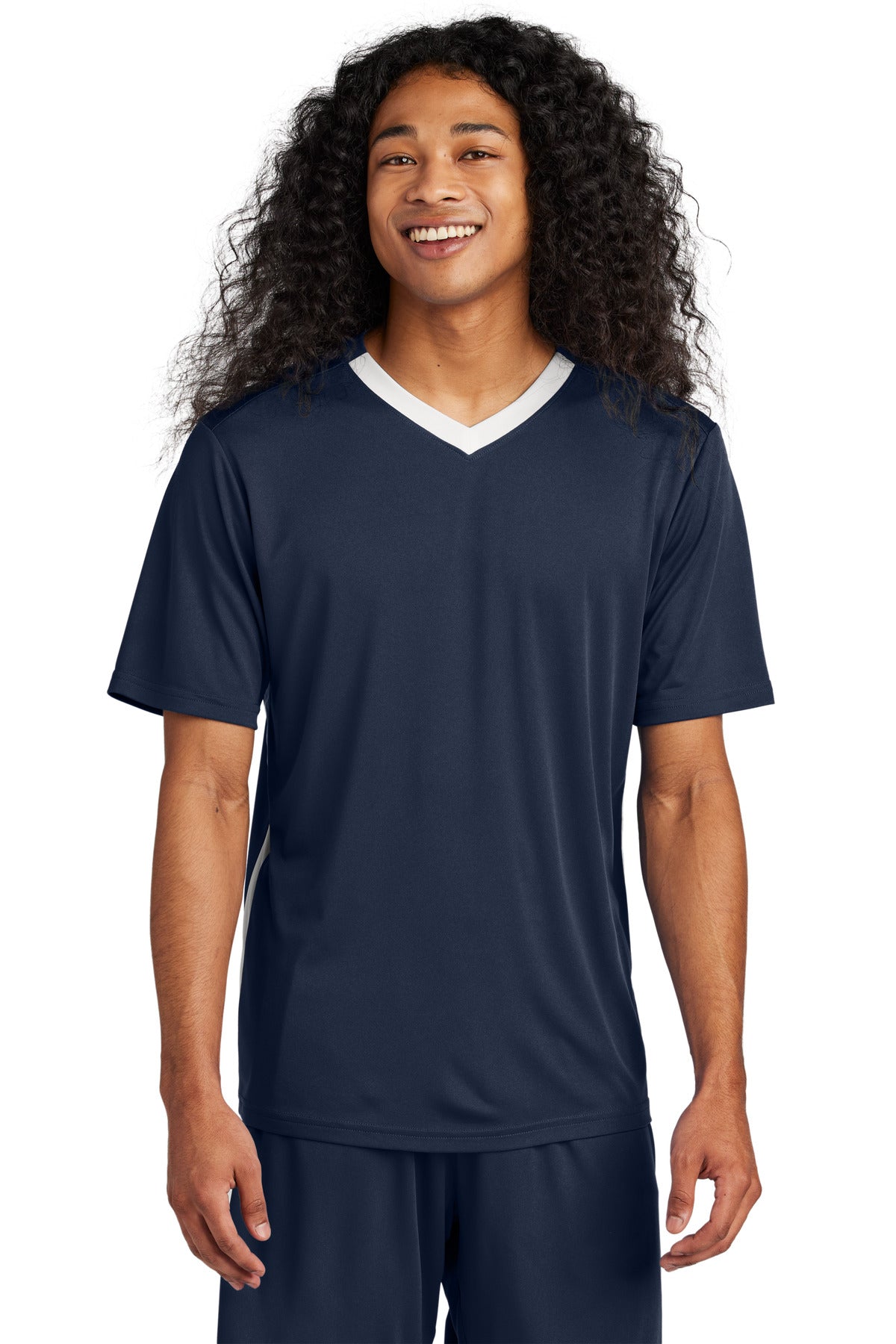 Front View of TrNv/White Sport-Tek Competitor United V-Neck ST101