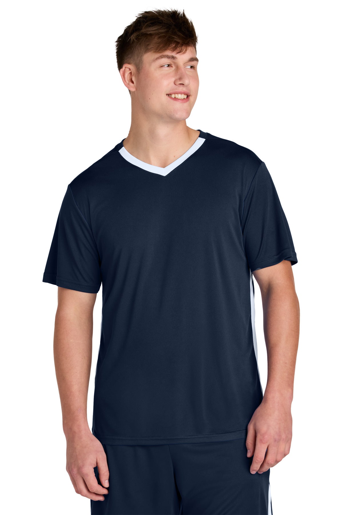 Front View of TrNv/White Sport-Tek Competitor United V-Neck ST101
