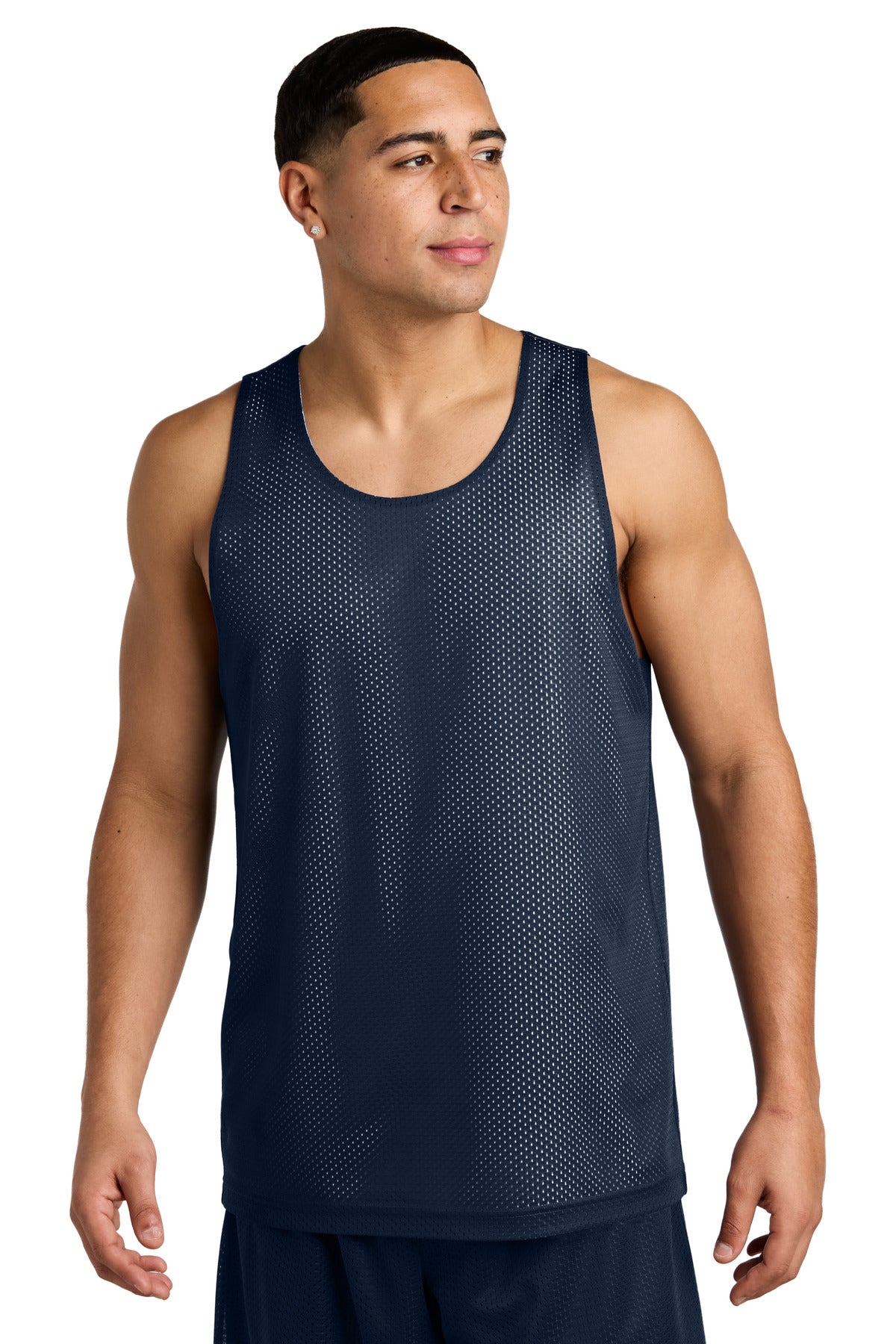 Front View of TrNv/White Sport-Tek PosiCharge Reversible Mesh Tank ST5000