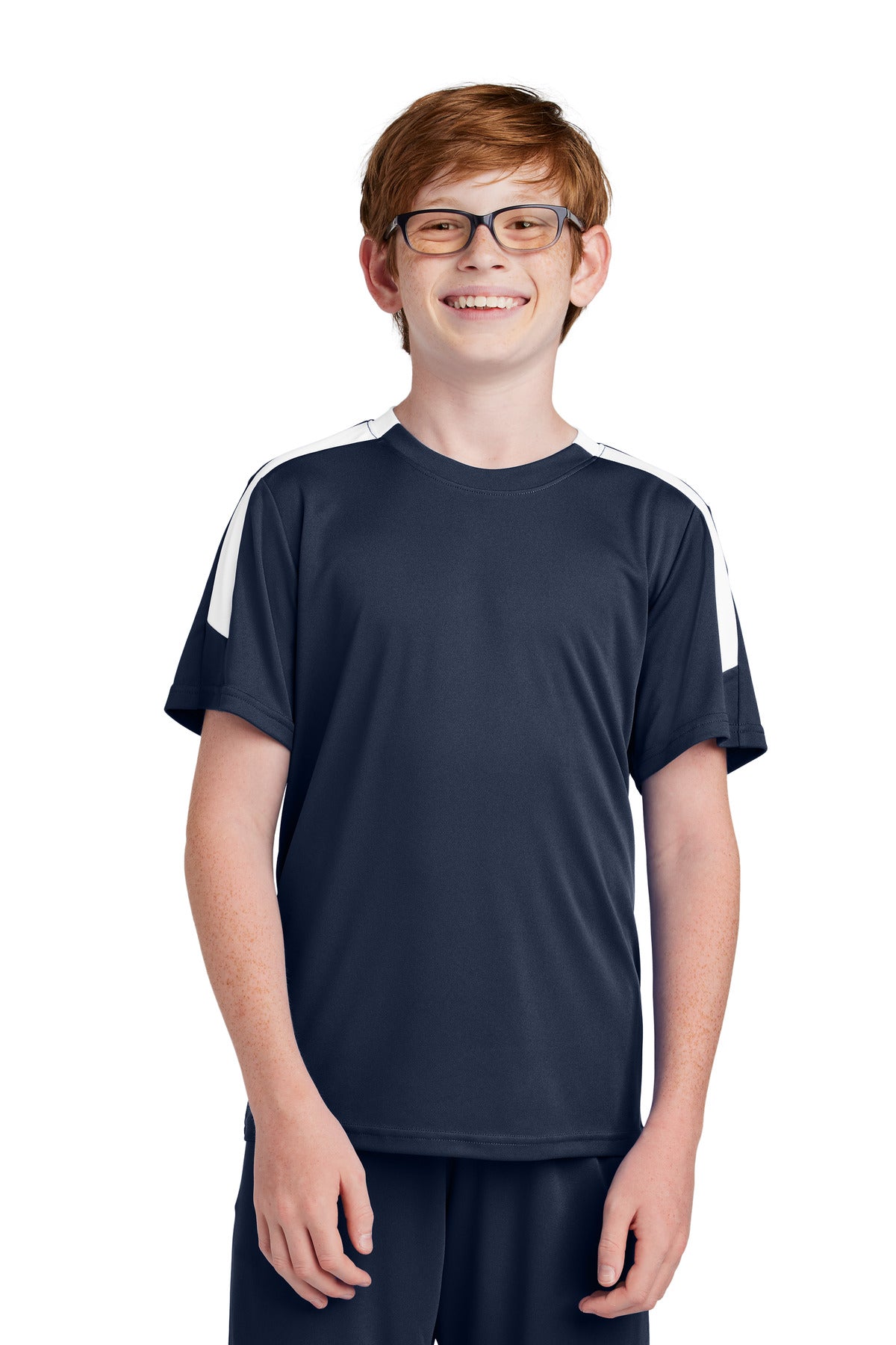 Front View of TrNv/White Sport-Tek Youth Competitor United Crew YST100