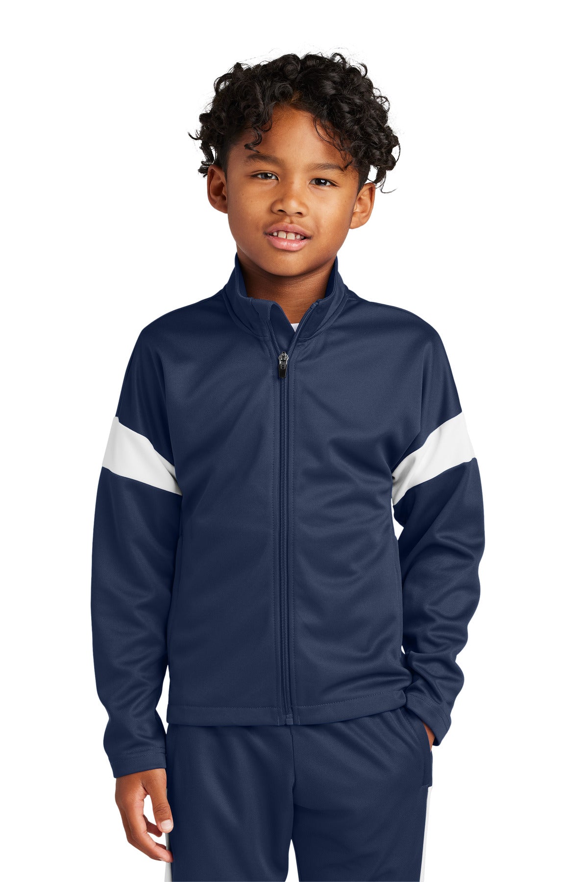 Front View of TrNv/White Sport-Tek Youth Travel Full-Zip Jacket YST800