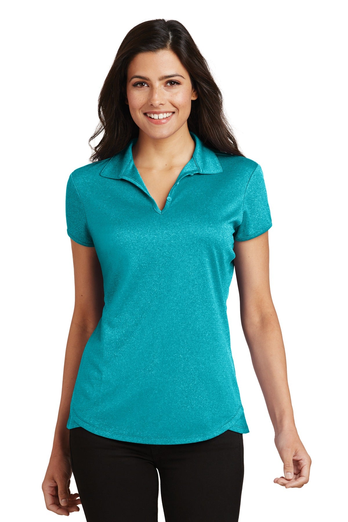 Front View of Tropic Blue He Port Authority Women's Trace Heather Polo. L576