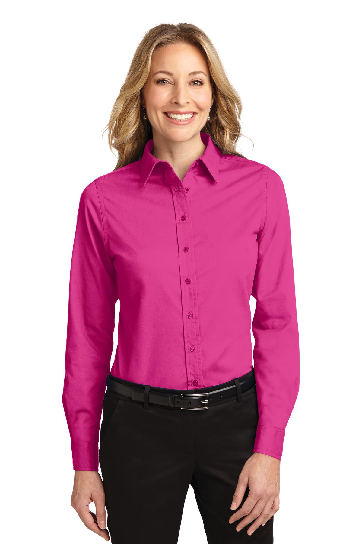 Front View of Tropical Pink Port Authority Women's Long Sleeve Easy Care Shirt. L608