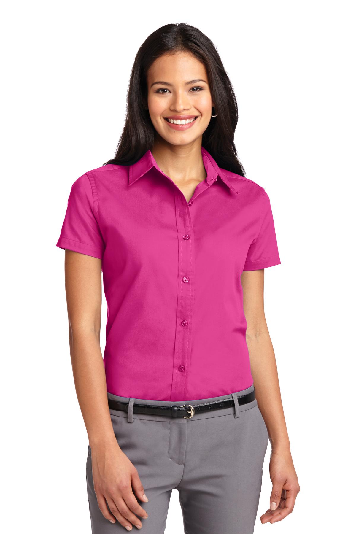 Front View of Tropical Pink Port Authority Women's Short Sleeve Easy Care Shirt. L508