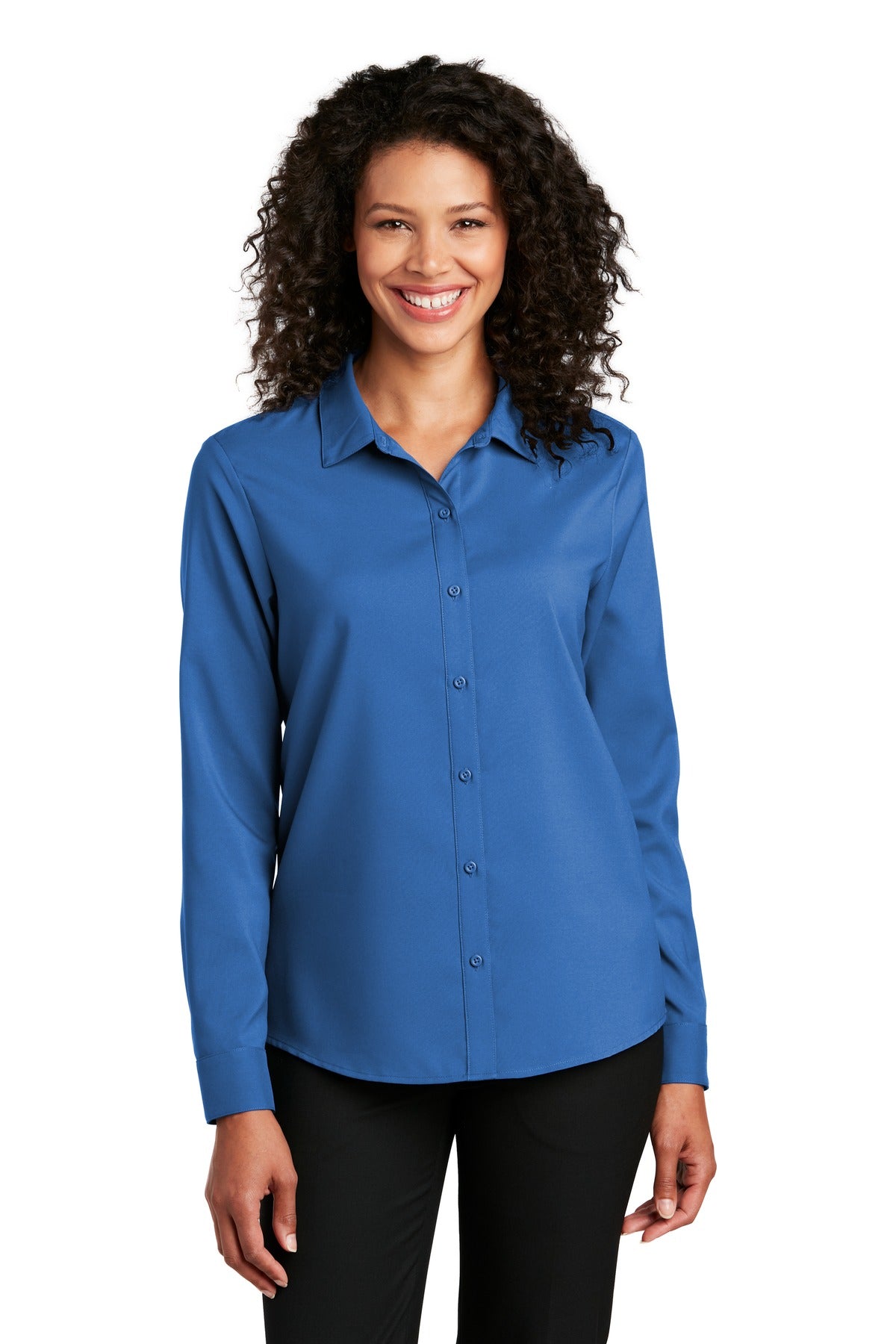 Front View of True Blue Port Authority Women's Long Sleeve Performance Staff Shirt LW401