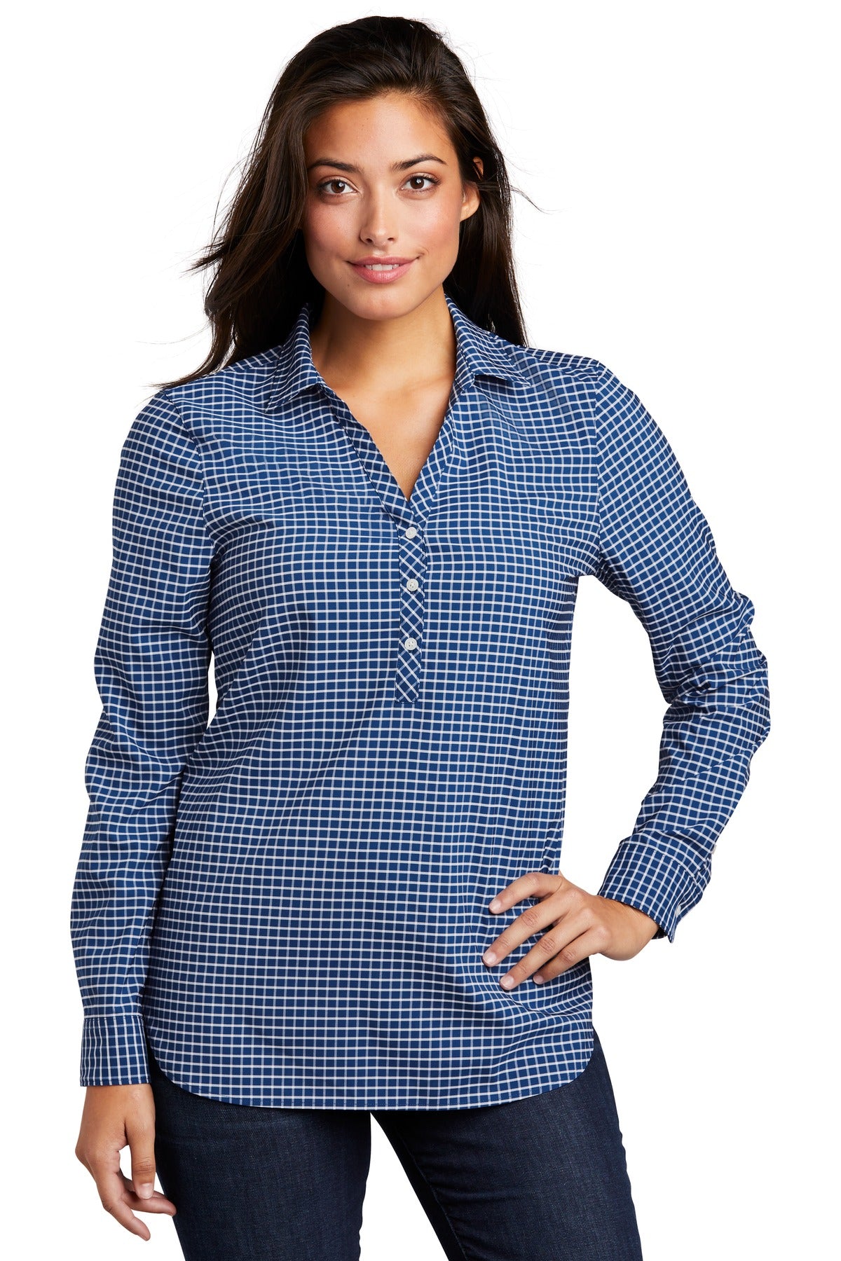 Front View of True Blue/Wht Port Authority Ladies City Stretch Tunic LW680
