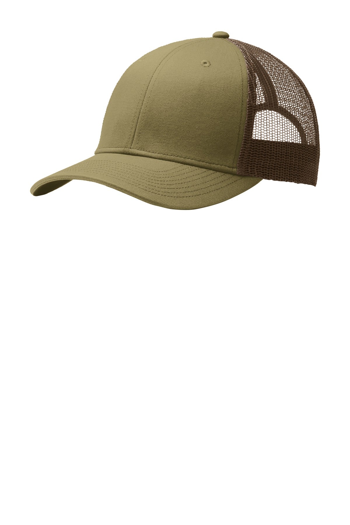 Front View of True Khaki/Cof Port Authority Snapback Trucker Cap. C112